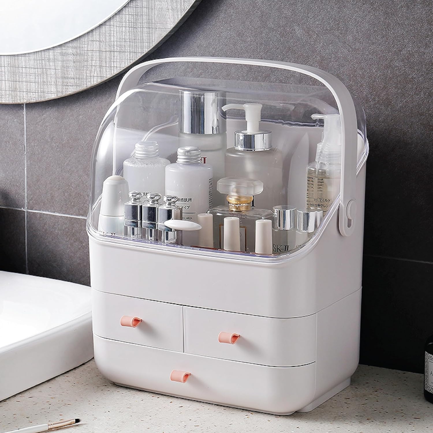 BRUUN – Contenedor de almacenamiento para cosméticos para el cuidado de la piel una caja de maquillaje grande de color blanco a prueba de polvo y