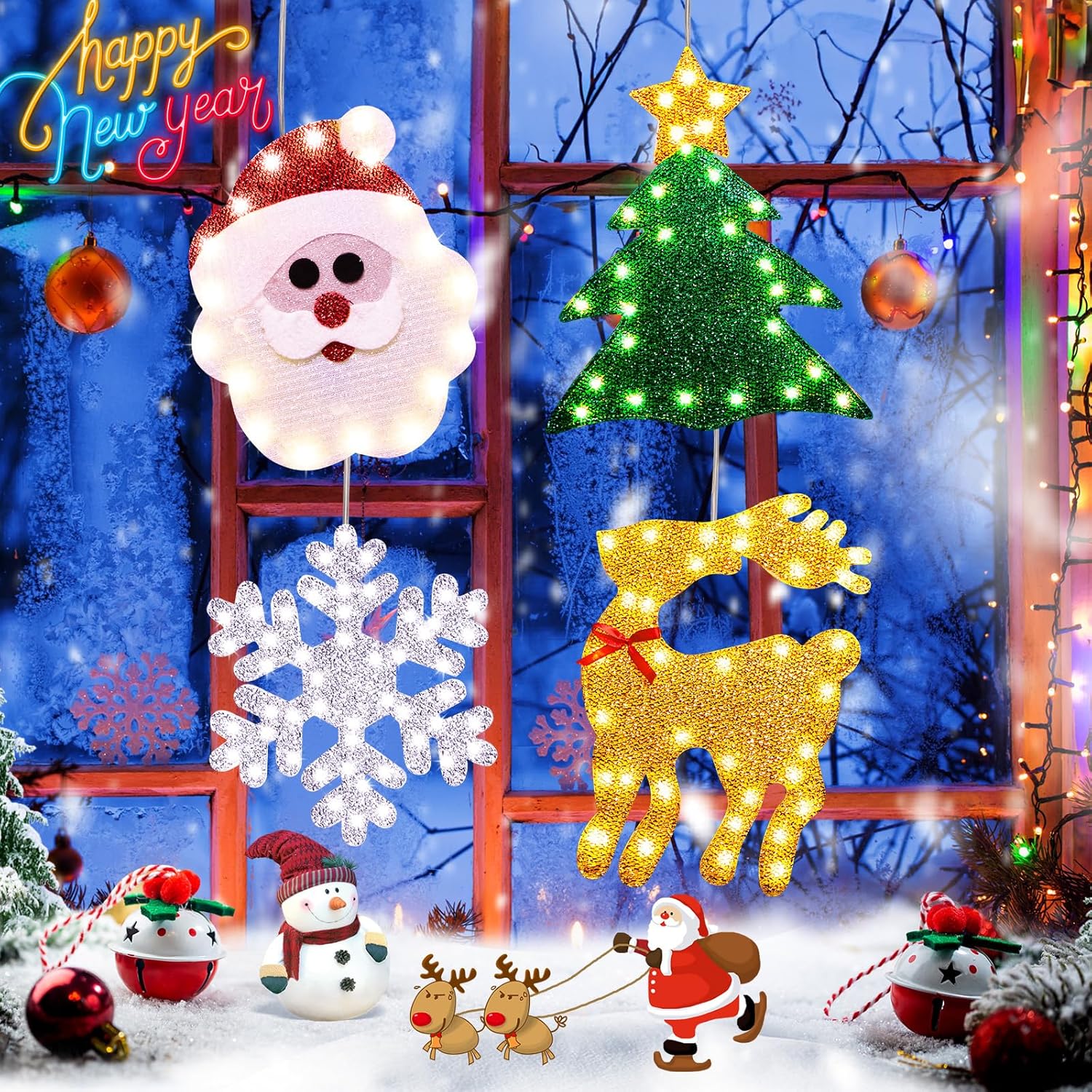 Luces de ventana de Navidad, 4 piezas de silueta de ventana de Navidad, letrero iluminado, funciona con pilas, luces de fondo con gancho de ventosa