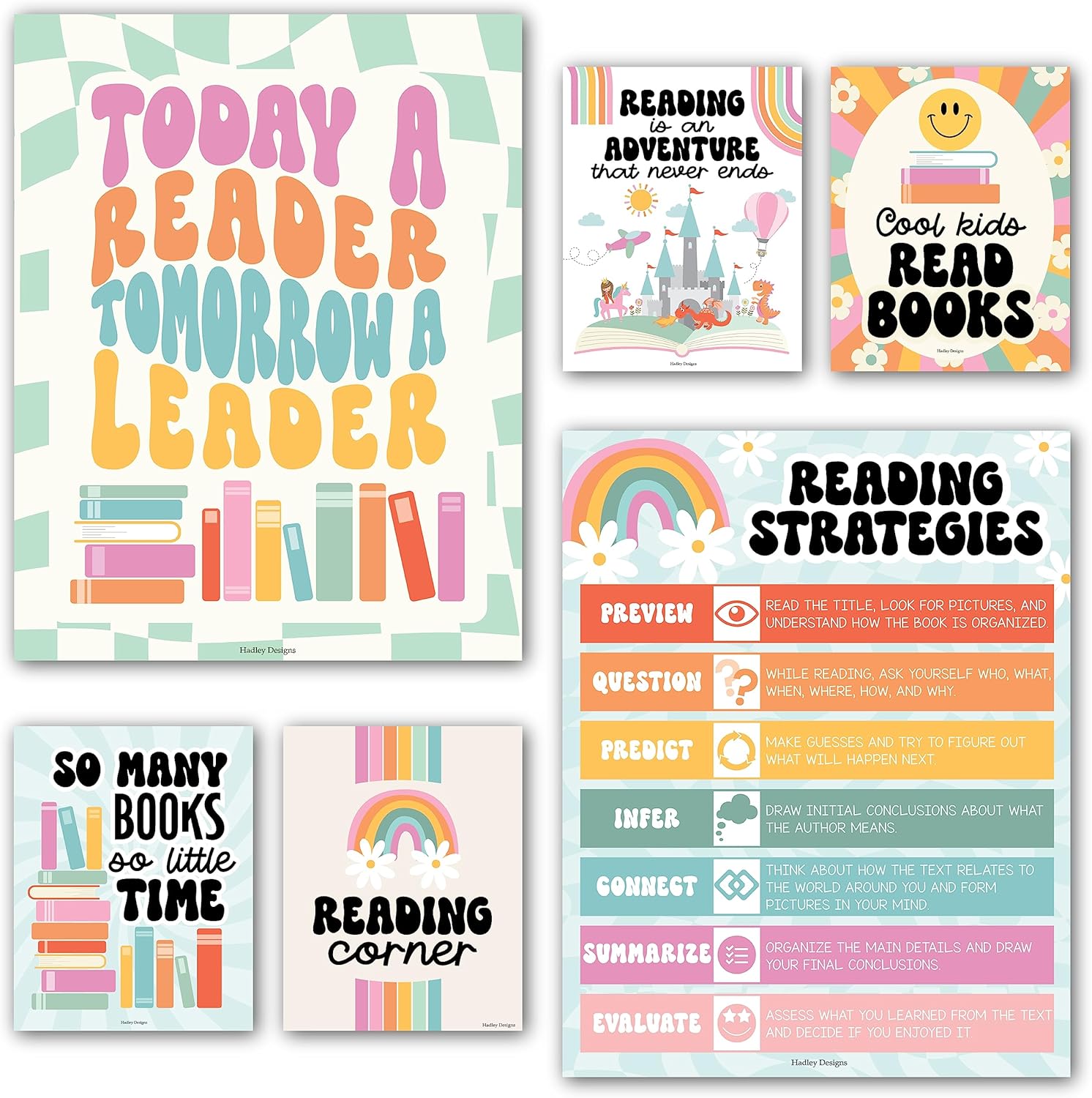 Hadley Designs 6 carteles de lectura retro para decoración de biblioteca de aula para la escuela, carteles de lectura para escuela primaria, juegos