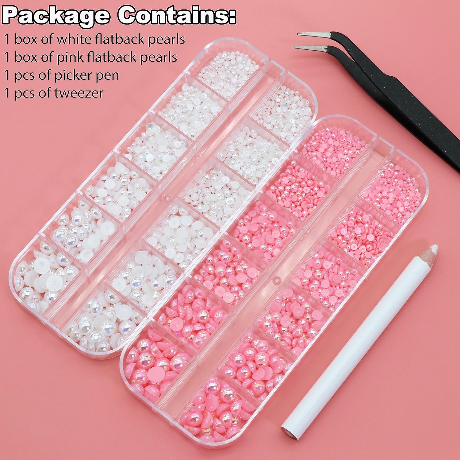 3000 piezas de uñas con parte trasera plana, semiredondas, perlas de uñas blancas y rosadas, perlas de resina de 6 tamaños para uñas, diamantes de