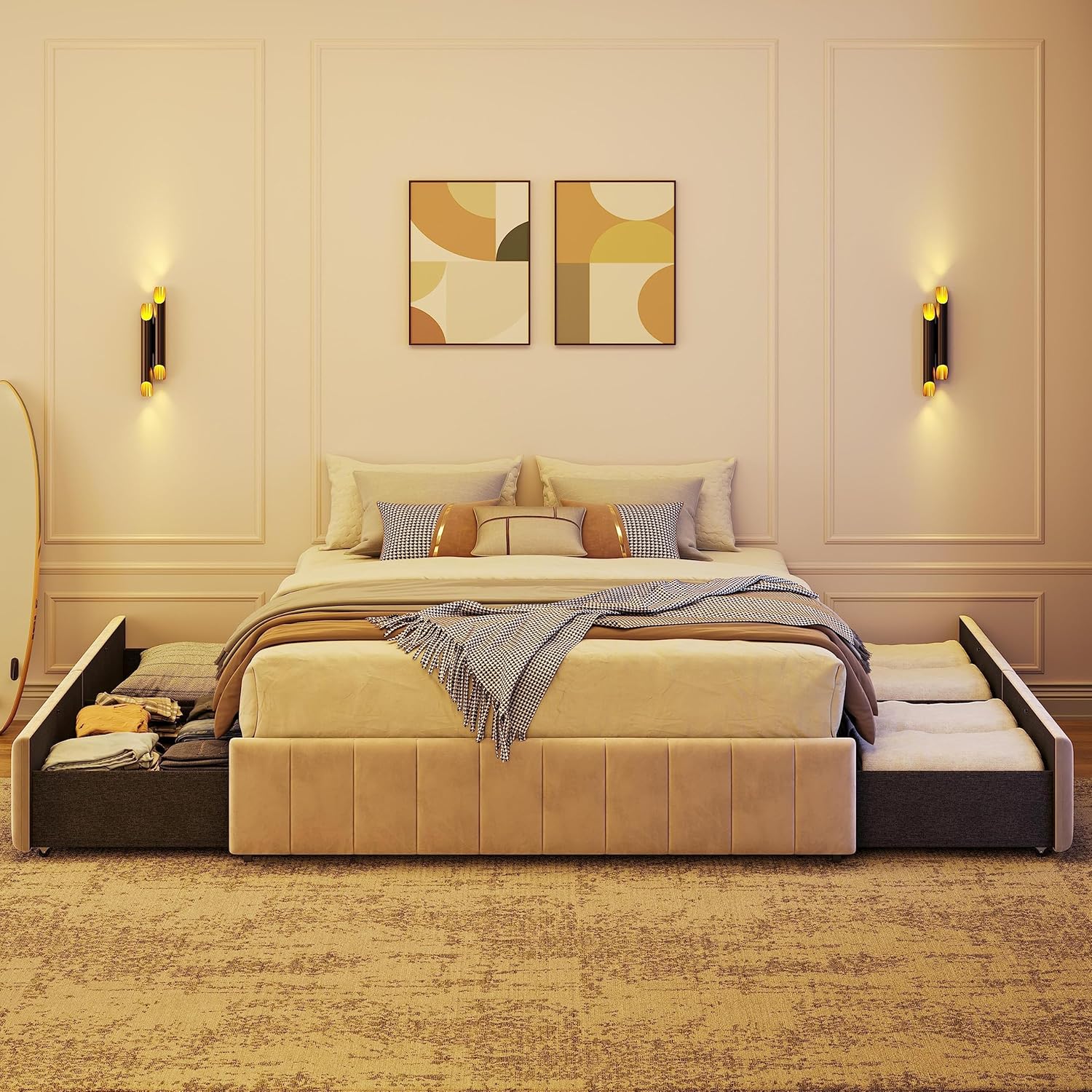 Topeakmart Base de cama tapizada tamaño Queen con 4 cajones, plataforma de almacenamiento con listones de madera, base de colchón, no incluye