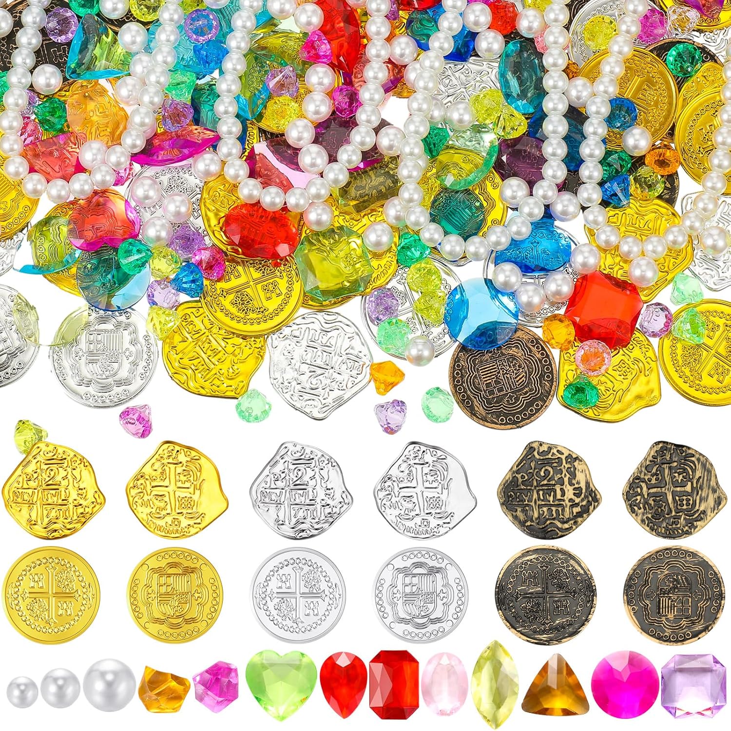 Hanaive Juego de 319 monedas falsas de oro pirata, tesoro pirata, gemas y joyas piratas de plástico, decoración de fiesta pirata, tesoro para