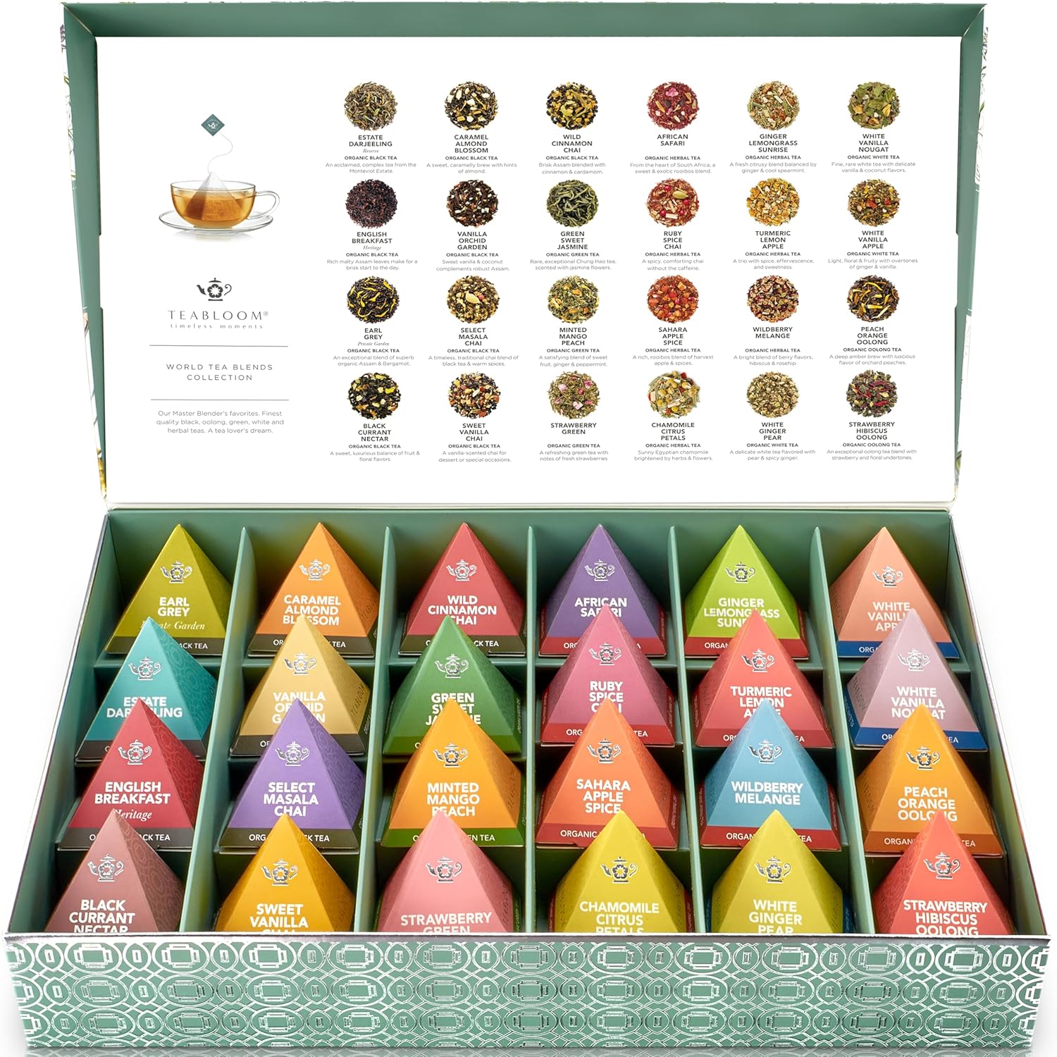 Teabloom – Colección de té piramidal más fina del mundo, 24 variedades de tés orgánicos certificados por USDA – Té negro, té verde, té blanco, té