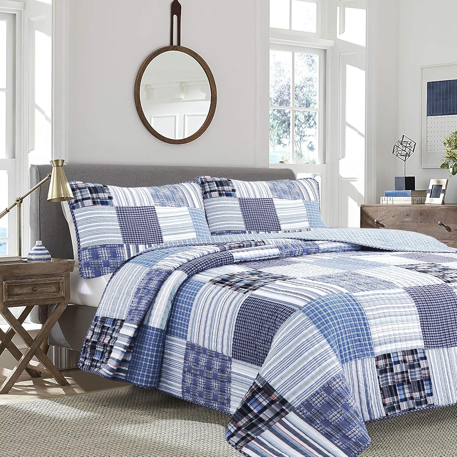 Cozy Line Home Fashions Juego de ropa de cama reversible de 100% algodón, azul marino, a cuadros, a rayas, colcha de retazos reales (Daniel