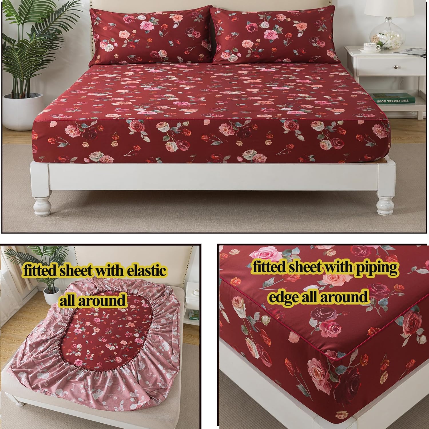 FADFAY Sábanas de rosas rojas, tamaño individual XL, ropa de cama vintage floral rosa elegante, ropa de cama de granja desgastada, 100% algodón