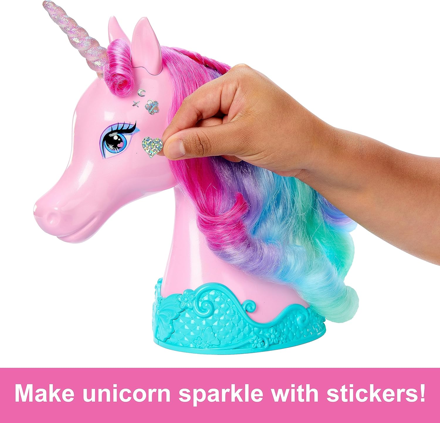 Barbie Juguetes de unicornio, cabeza de peinado con melena colorida de pelo de fantasía, accesorios de peinado y calcomanías brillantes