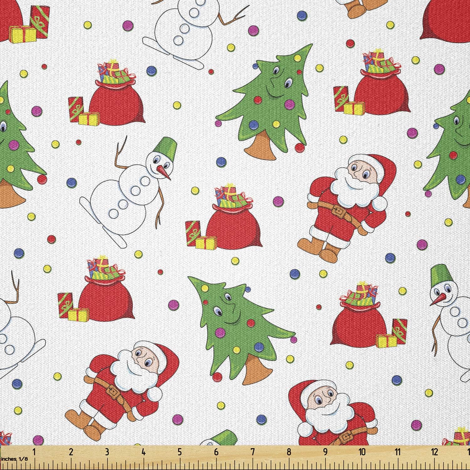 Ambesonne The Yard – Tela de Navidad con diseño de árbol de Papá Noel sobre fondo de lunares coloridos, cajas sorpresa, tela de punto elástico para