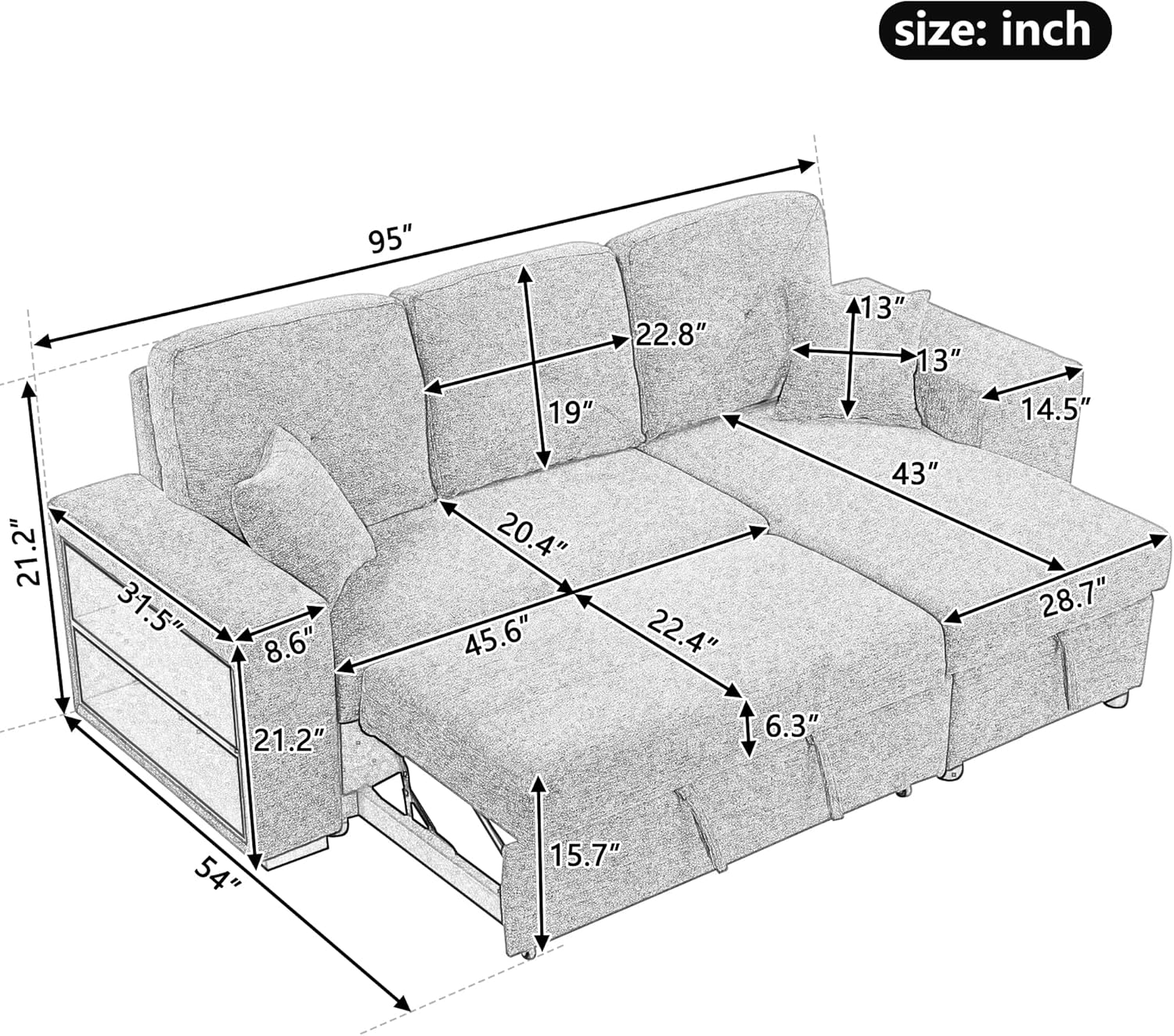 Sofá cama de 95 pulgadas, sofá cama en forma de L de 3 plazas con diván de almacenamiento, sofá cama convertible extraíble, sofá cama seccional para