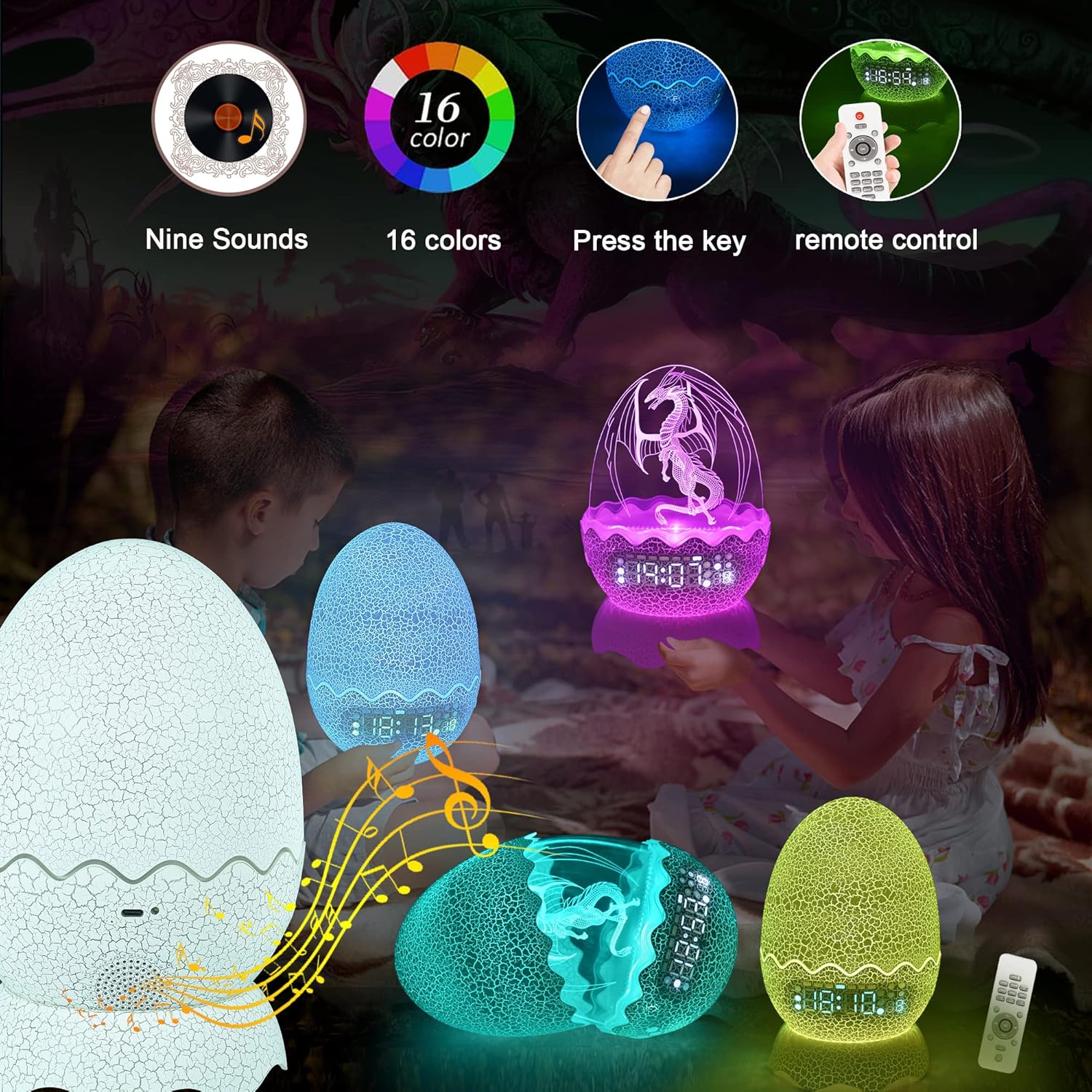 Unique Dragon Egg Alarm ClockNight LightLullaby White NoiseBluetooth Speaker 4-in-1, Remote Control 16 Colors & Brightness & Volume, for KidsAdult