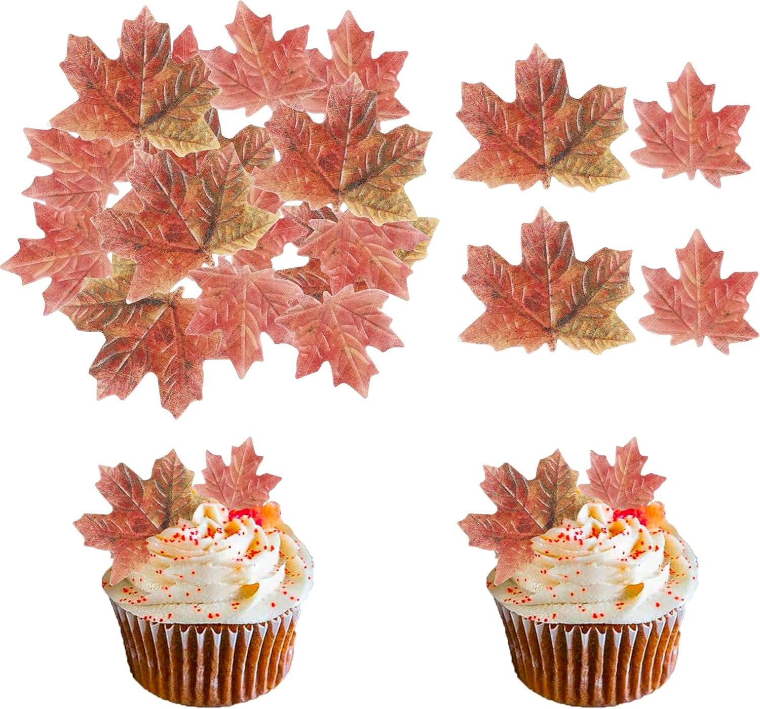 Paquete de 40 adornos comestibles de hojas de otoño para cupcakes de hojas doradas, hojas de arce de otoño, oblea de arroz, decoración de pasteles