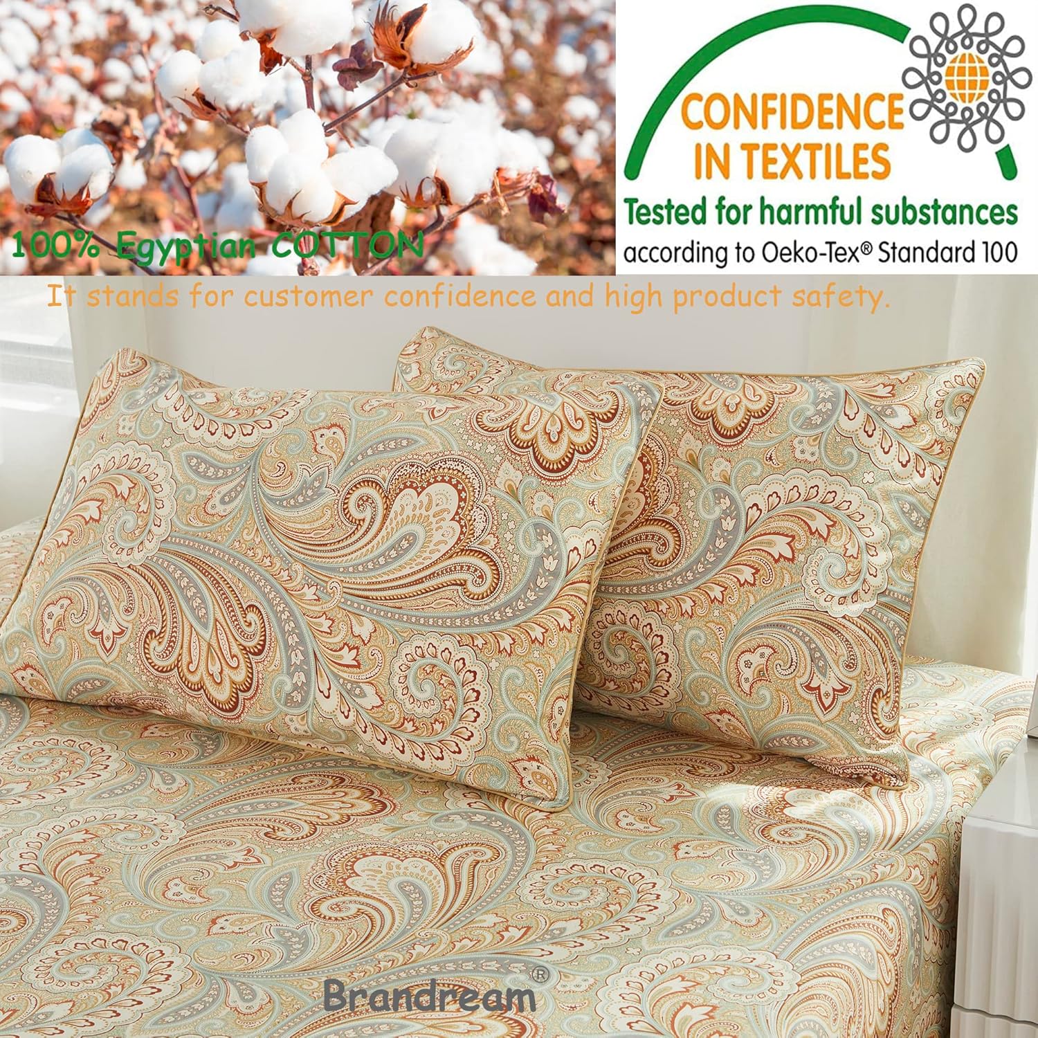 Brandream Paisley Bedding – Juego de sábanas de lujo con temática real, estilo bohemio, 800 hilos, 100% algodón egipcio, bolsillo profundo, 4