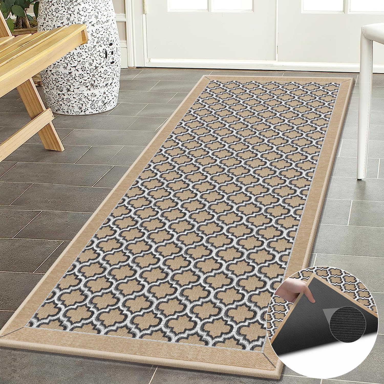 GOYLSER Alfombra para pasillo con parte trasera de goma, tapete de pelo bajo para puerta al aire libre, alfombra de pasillo a cuadros antideslizante