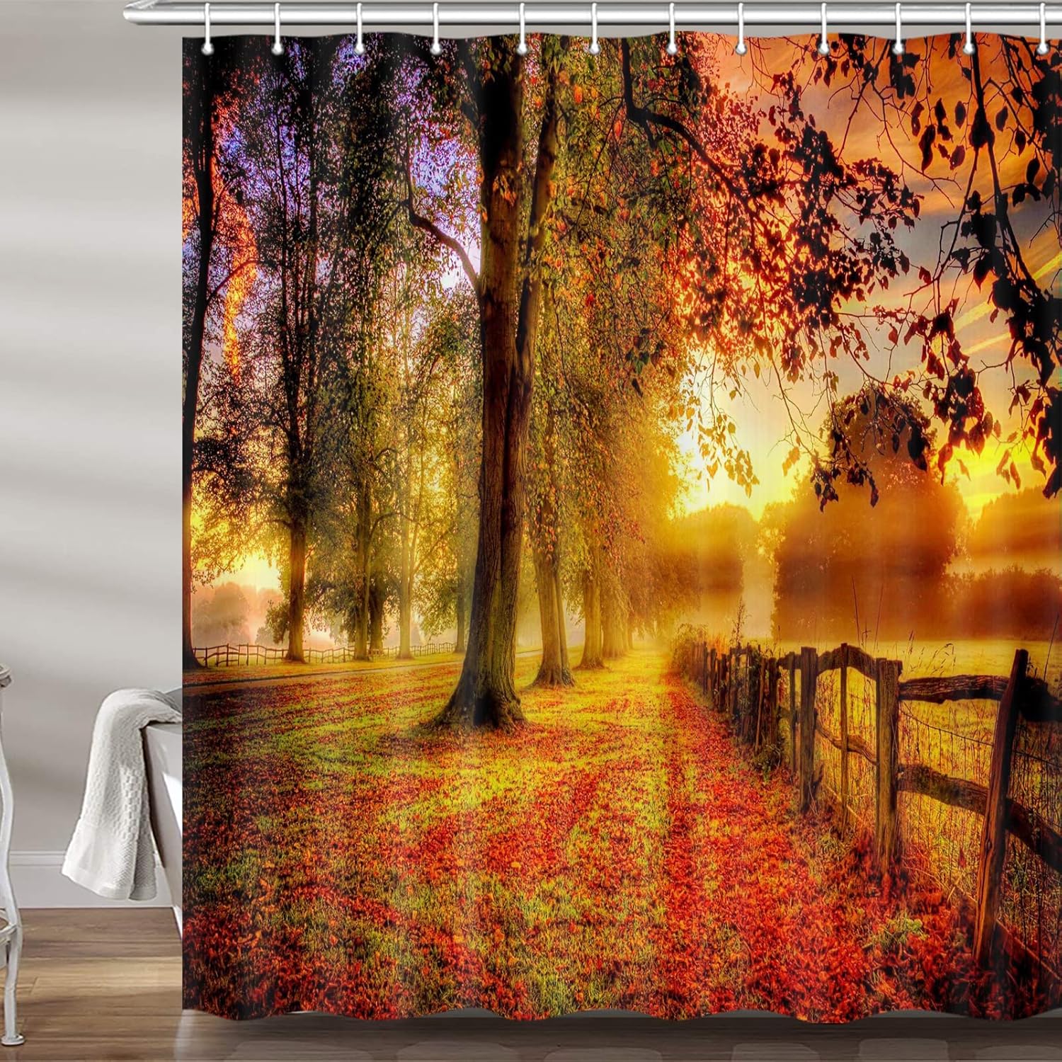 Juego de cortinas de ducha para decoración de otoño, bosque de otoño, hojas doradas, casa de campo, tela de poliéster, accesorios de baño, con