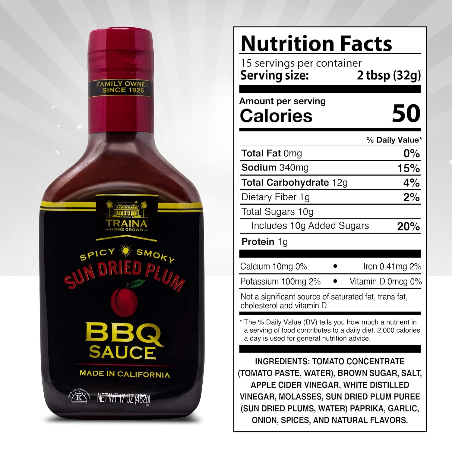 Traina Home Grown California Salsa de barbacoa de ciruela seca al sol, sin jarabe de maíz, sabor picante y ahumado, empaquetado en botella de 17