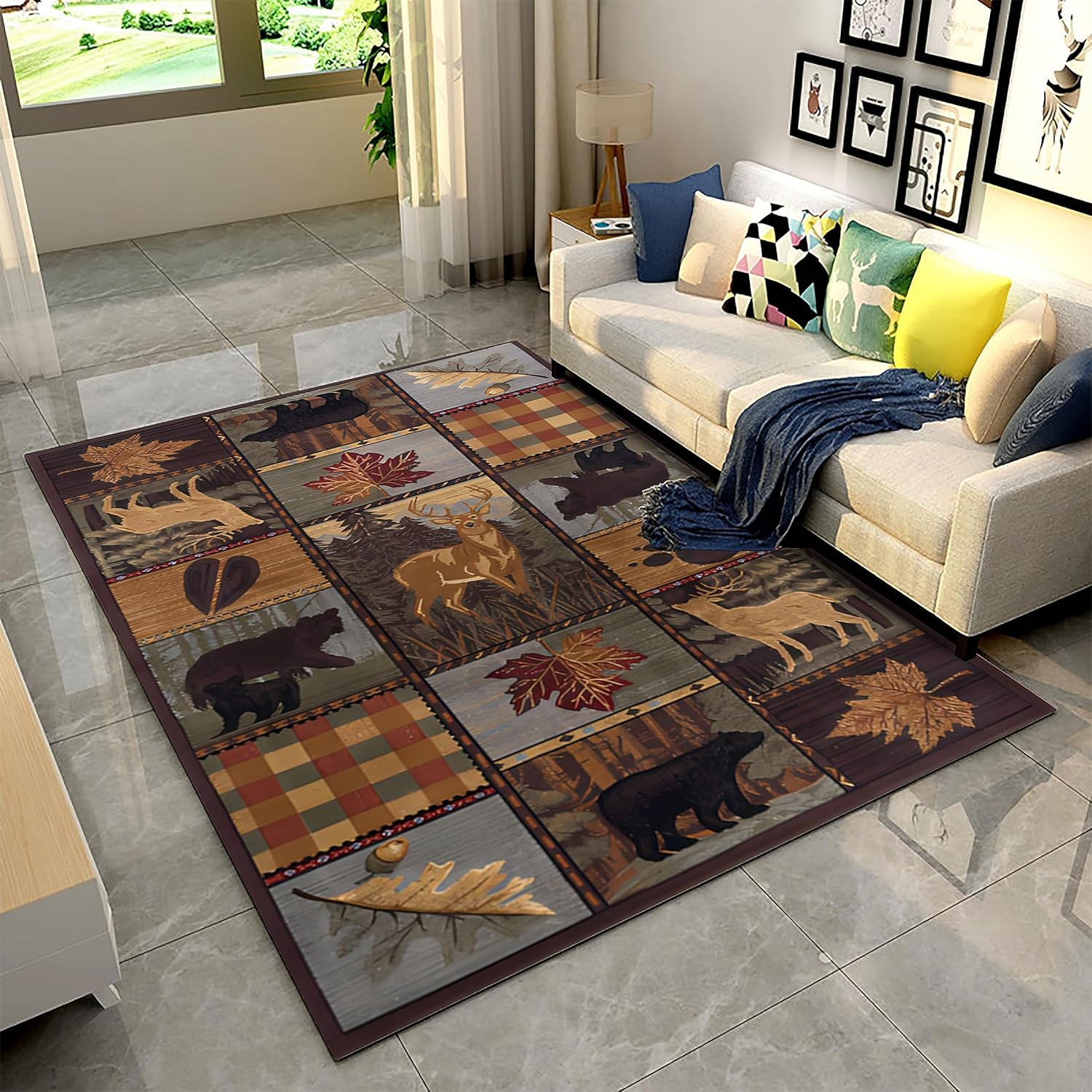 Wildlife – Alfombra de área de oso negro, 4 x 6 pies, alfombra de cabaña de alce y hojas de arce natural marrón, alfombra para dormitorio, estilo