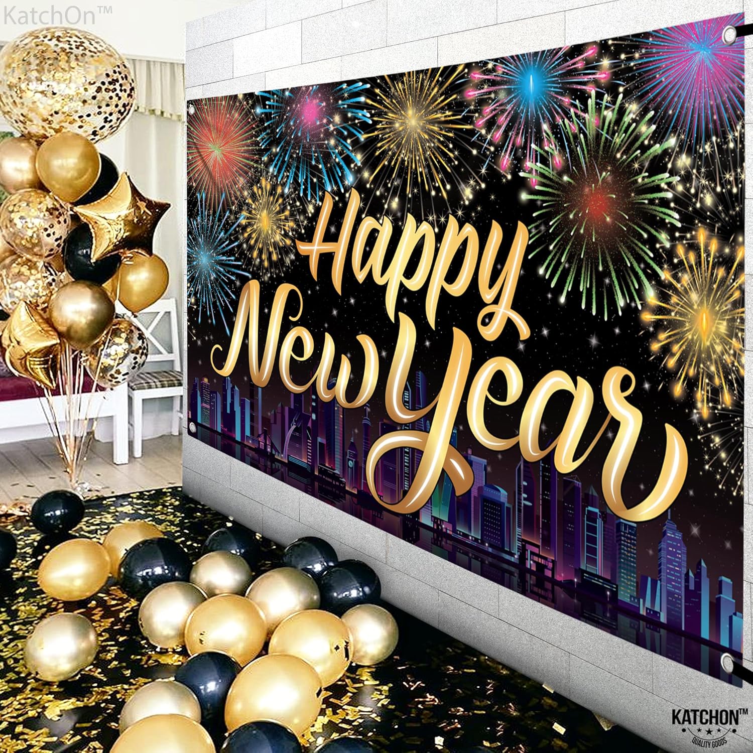 KatchOn, XtraLarge – Cartel de feliz año nuevo, 72 x 44 pulgadas, decoraciones de feliz año nuevo 2024, telón de fondo de fuegos artificiales de Año