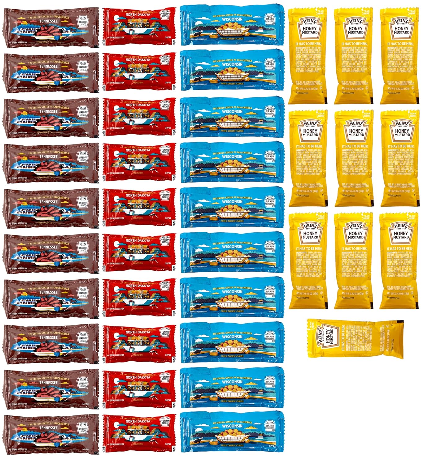 Heinz – Paquete variado de paquetes de condimentos que incluye salsa barbacoa, rancho, salsa de tomate y mostaza de miel, paquetes individuales de