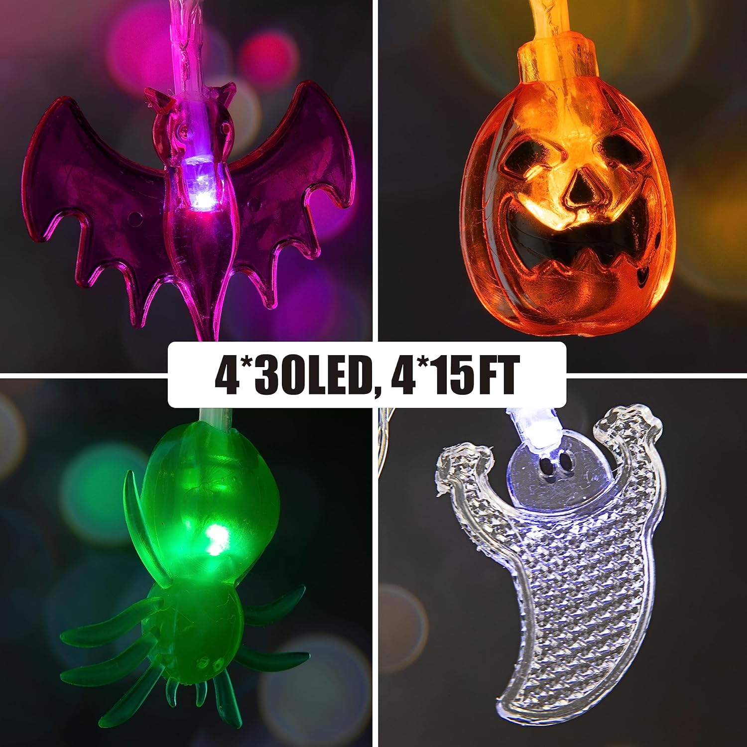 JOYIN Decoraciones de luces de Halloween, juego de 4 tiras de luces a pilas (calabaza murciélago fantasma araña) con temporizador, 4 x 15 pies, 8