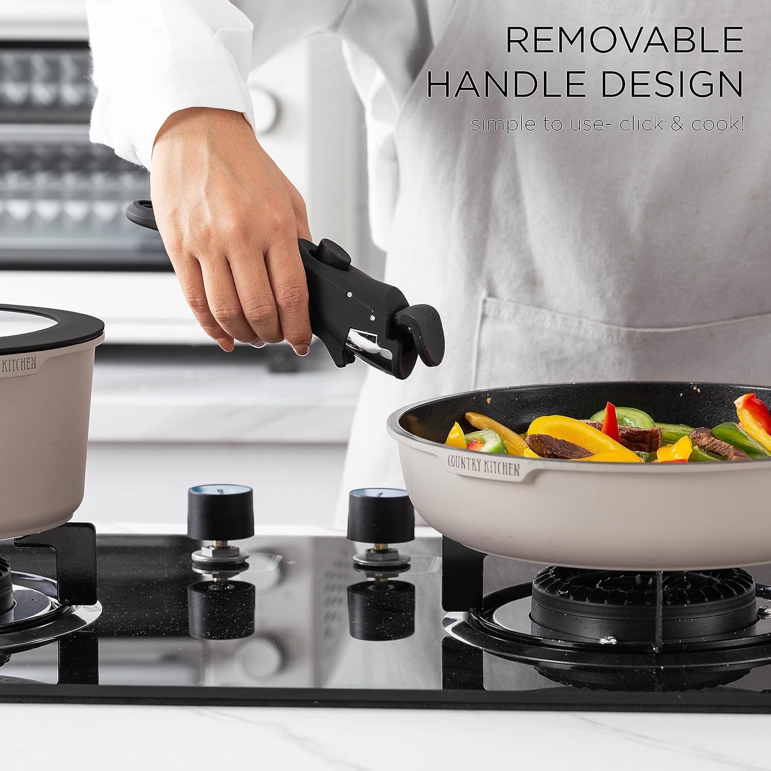Country Kitchen Juego de ollas y sartenes de 16 piezas, utensilios de cocina antiadherentes de cerámica saludables y seguros con mango extraíble