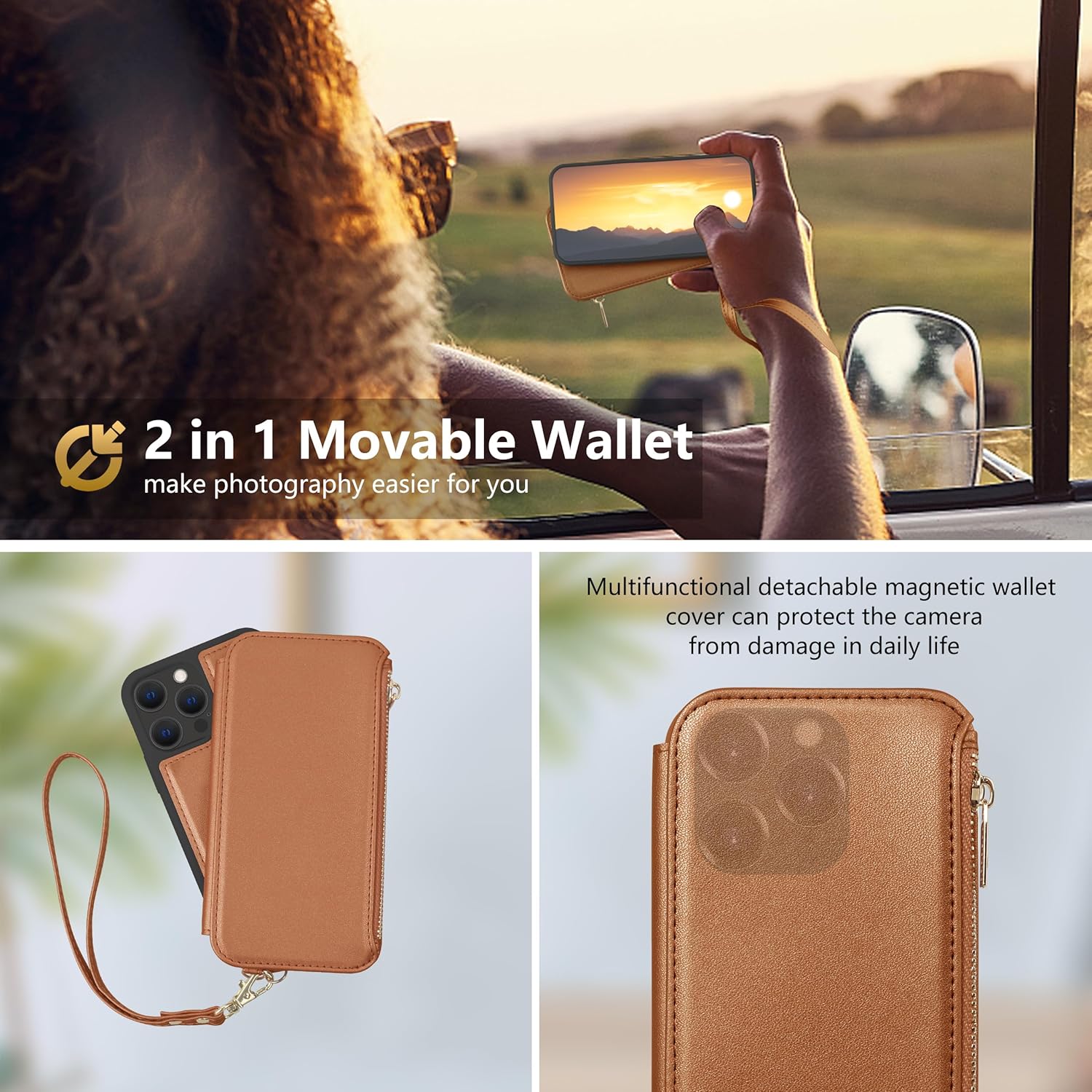 CIVICASE Funda con cremallera para iPhone 15 Pro Max, funda tipo cartera 2 en 1 magnética desmontable, protección para tarjetas RFID, 6 ranuras para