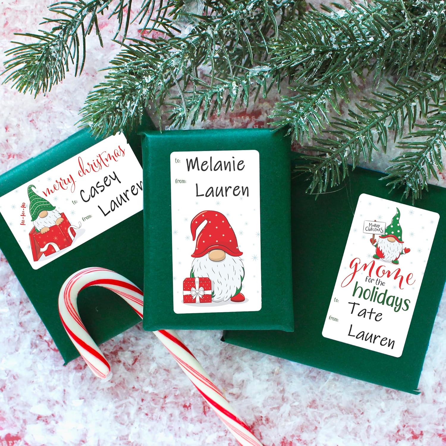 Etiquetas adhesivas de regalo de gnomo de Navidad, 75 etiquetas, etiquetas de regalo de gnomo de jardín rojo y verde, calcomanías de caja de regalo