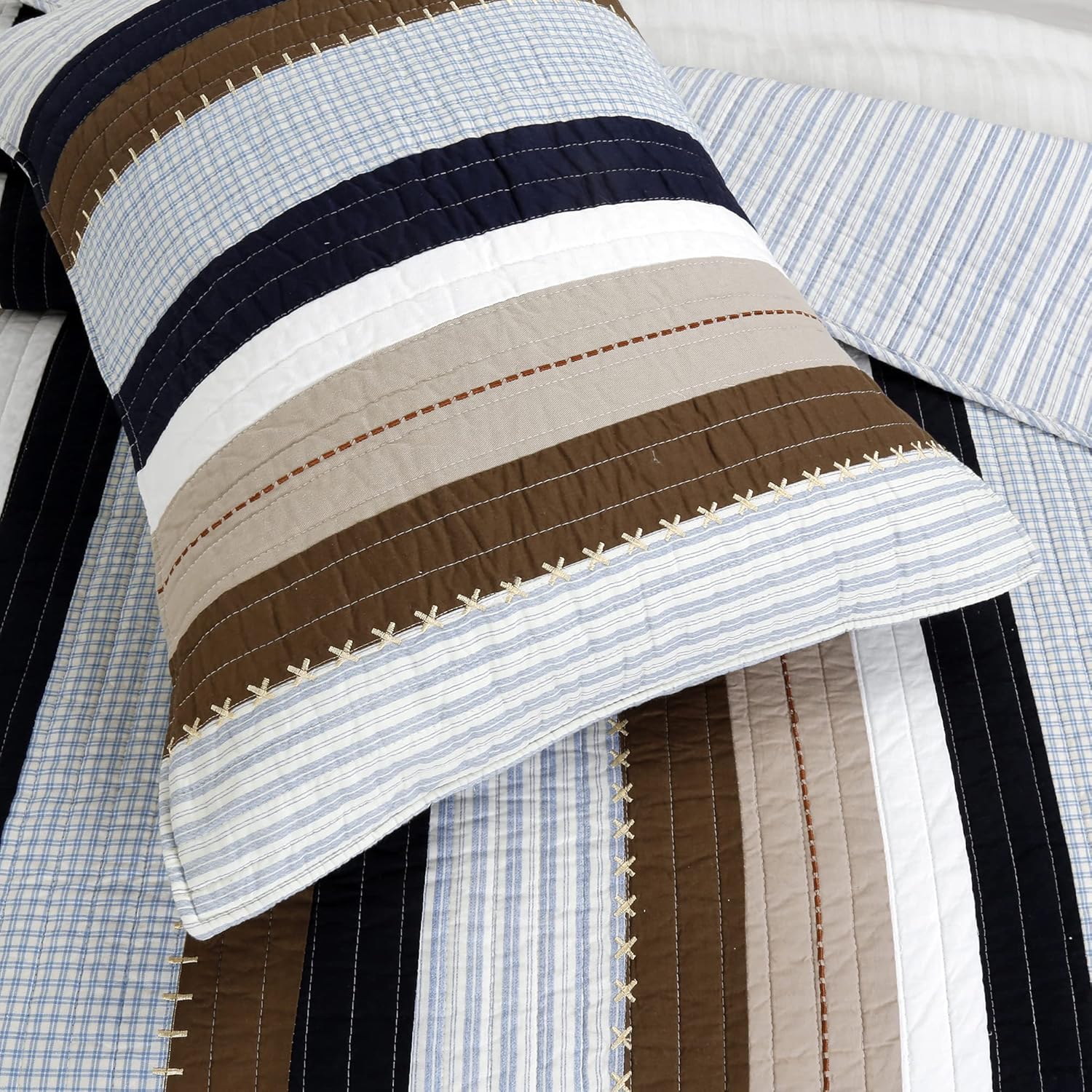 Cozy Line Home Fashions Juego de ropa de cama reversible de 100 % algodón, a cuadros, color marrón marino, colcha para todas las estaciones (Nathan