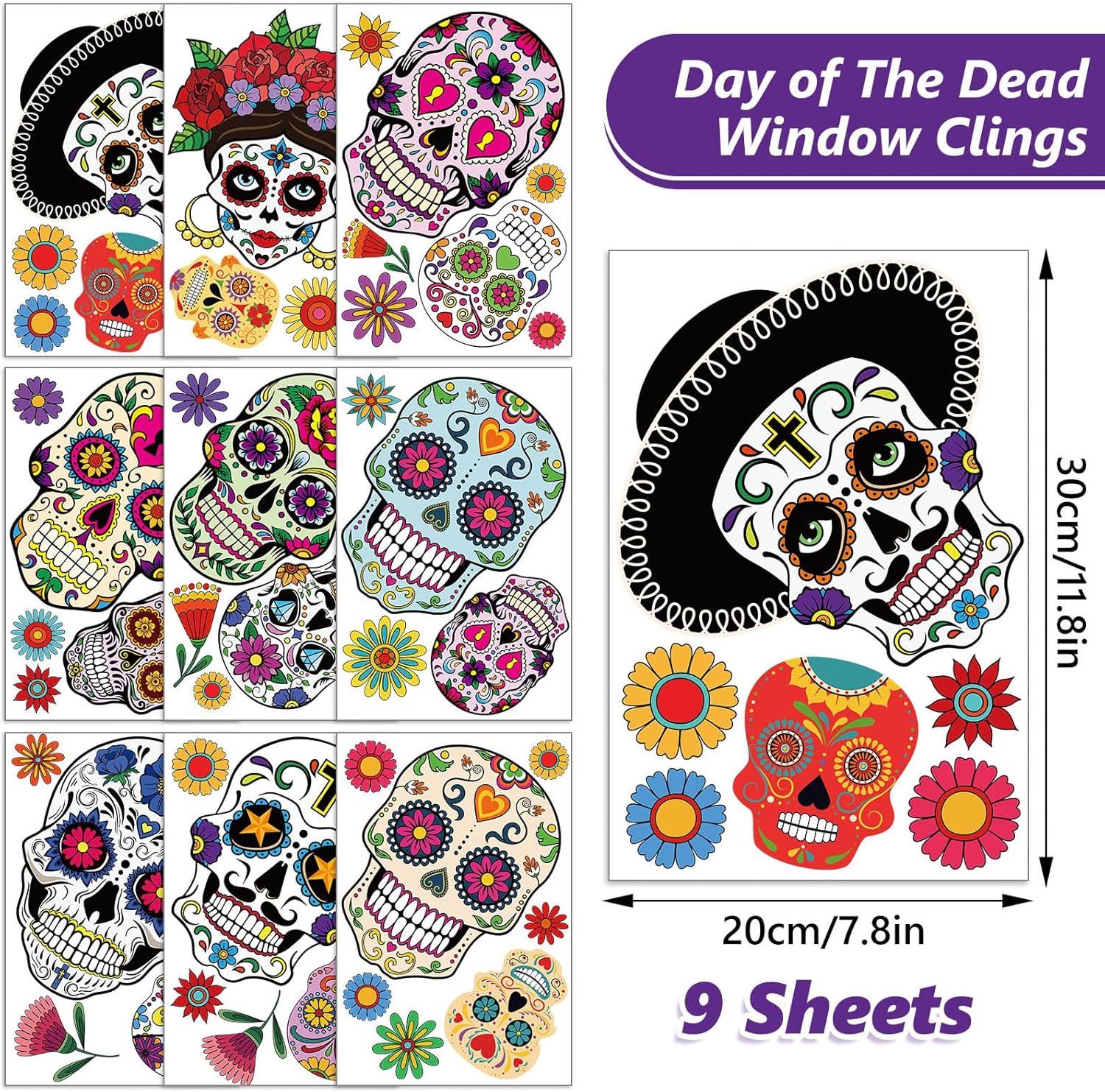 Whaline 9 hojas de calcomanías para ventana con diseño de calavera de azúcar de doble cara para Halloween, patrones de flores coloridas, calcomanías