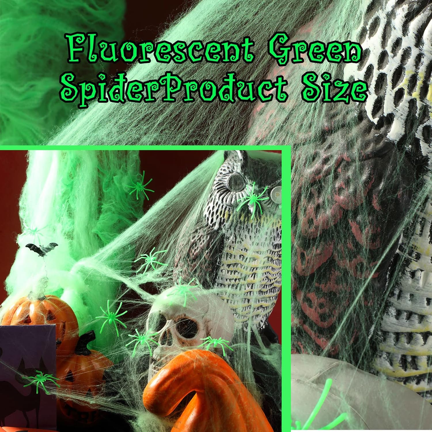 Telaraña que brilla en la oscuridad de 8.47 oz y 150 piezas de telaraña falsa que brilla para Halloween, telarañas elásticas para decoración de