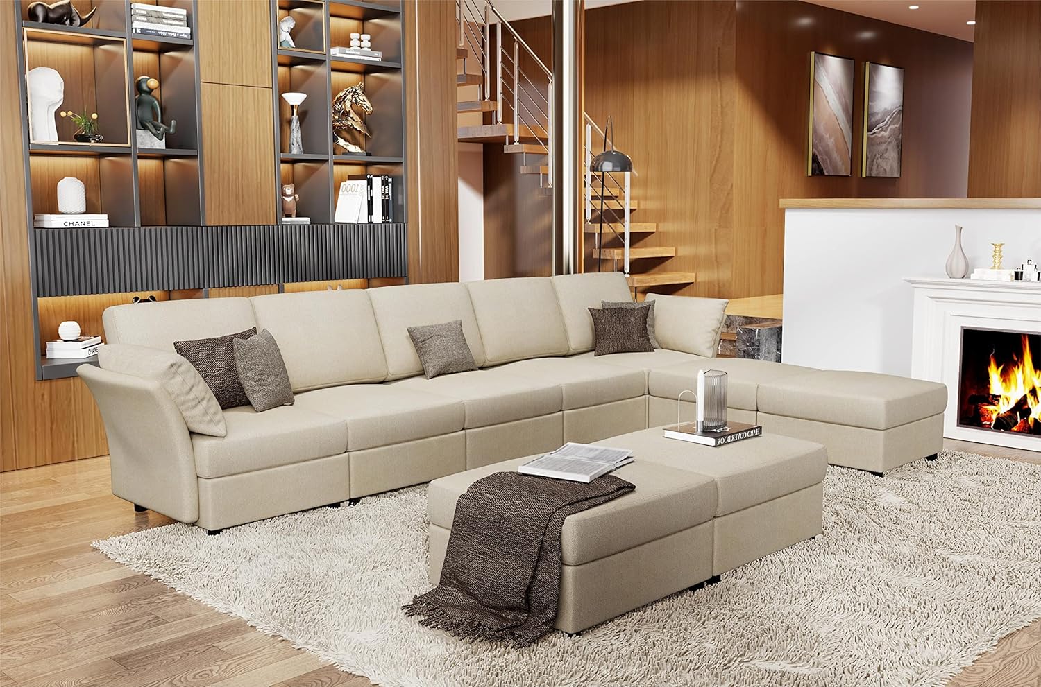 VanAcc Sofá modular de 9 asientos, sofá modular modular en forma de U con otomanas, sofá reversible para sala de estar, felpilla beige