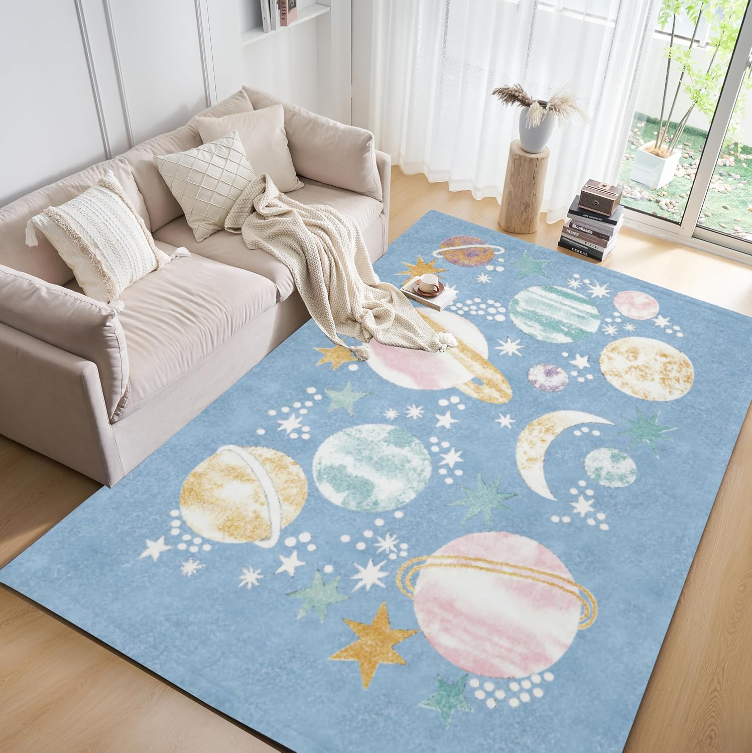 Alfombra de pelo coral con estampado de planetas con respaldo antideslizante en el reverso del tapete para el suelo, alfombra grande de color sólido