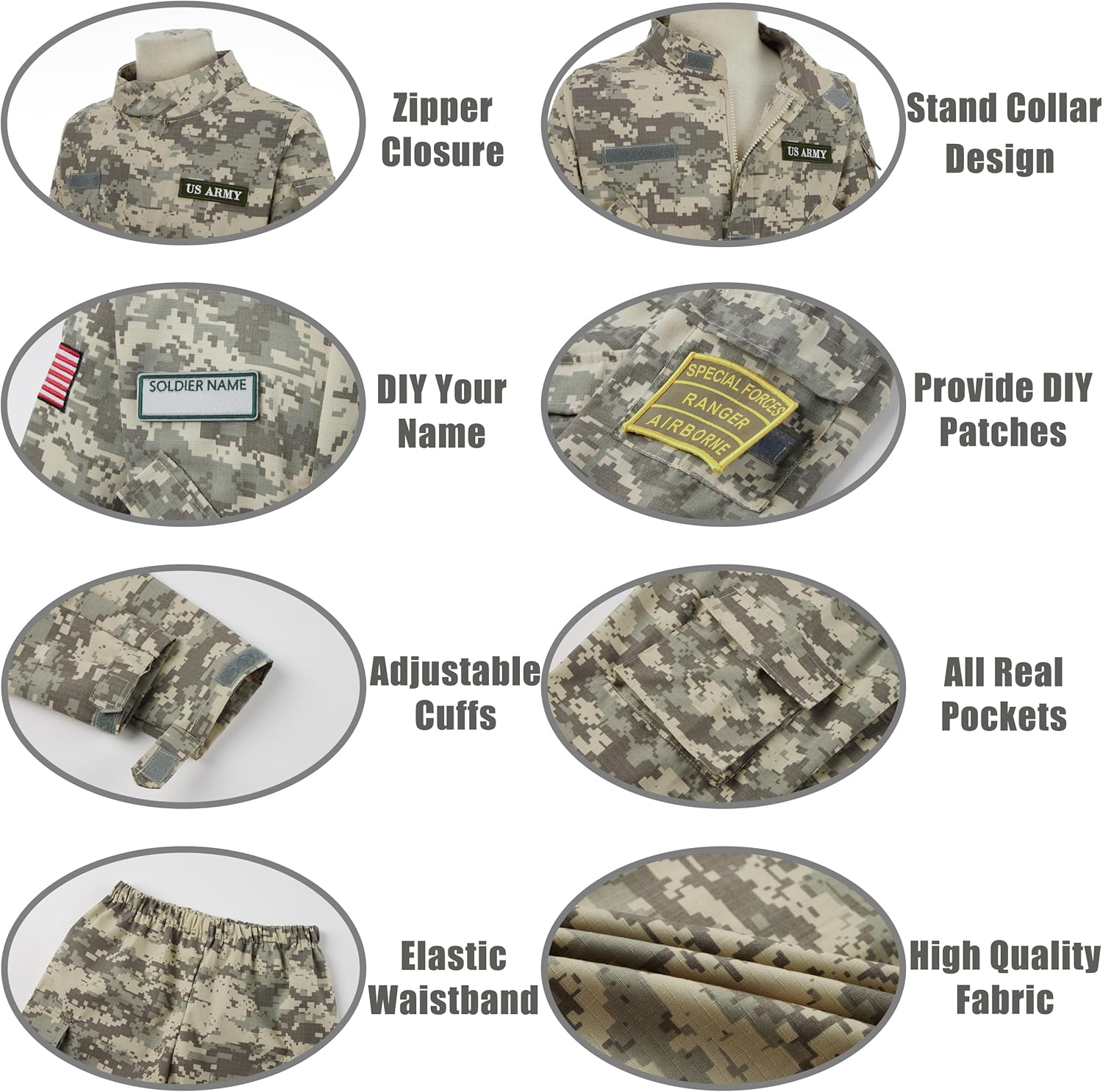 Kosgraiy Disfraz del ejército para niños, disfraz de soldado de lujo para niño y niña, uniforme de camuflaje del ejército para niños