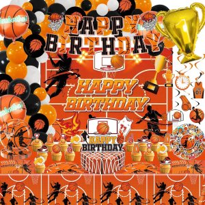 Juego de 196 piezas de decoración de fiesta de cumpleaños temática de baloncesto, incluye kit de globos, platos, servilleta, taza, tenedor, Juego de 196 piezas de decoración de fiesta de cumpleaños temática de baloncesto, incluye kit de globos, platos, servilleta, taza, tenedor,