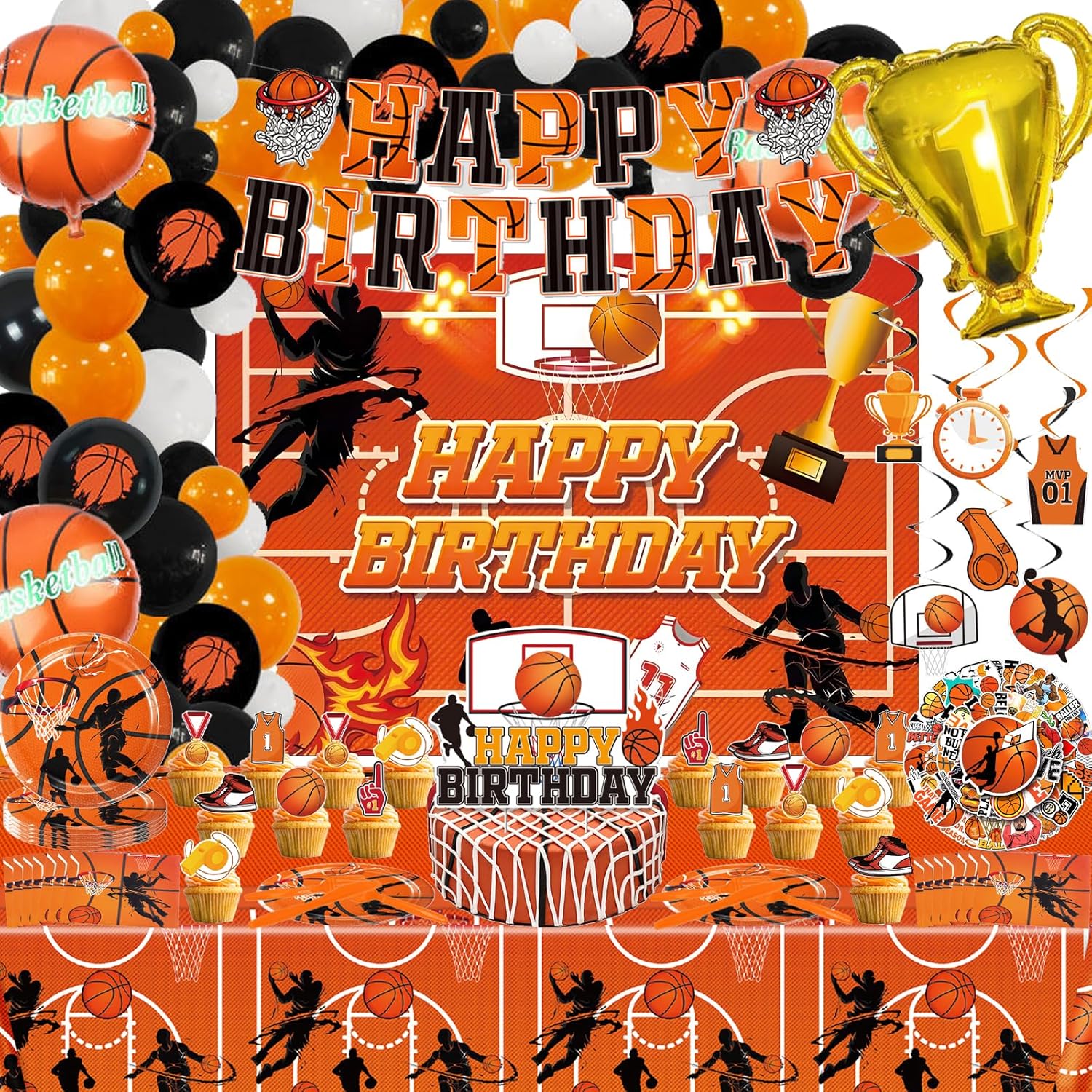 Juego de 196 piezas de decoración de fiesta de cumpleaños temática de baloncesto, incluye kit de globos, platos, servilleta, taza, tenedor,