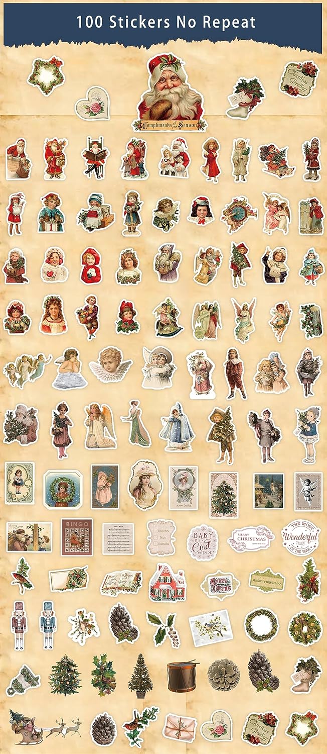 100 calcomanías navideñas que no se repiten, retro, Papá Noel, decoración de Navidad, calcomanías impermeables para álbumes de recortes, tarjetas,