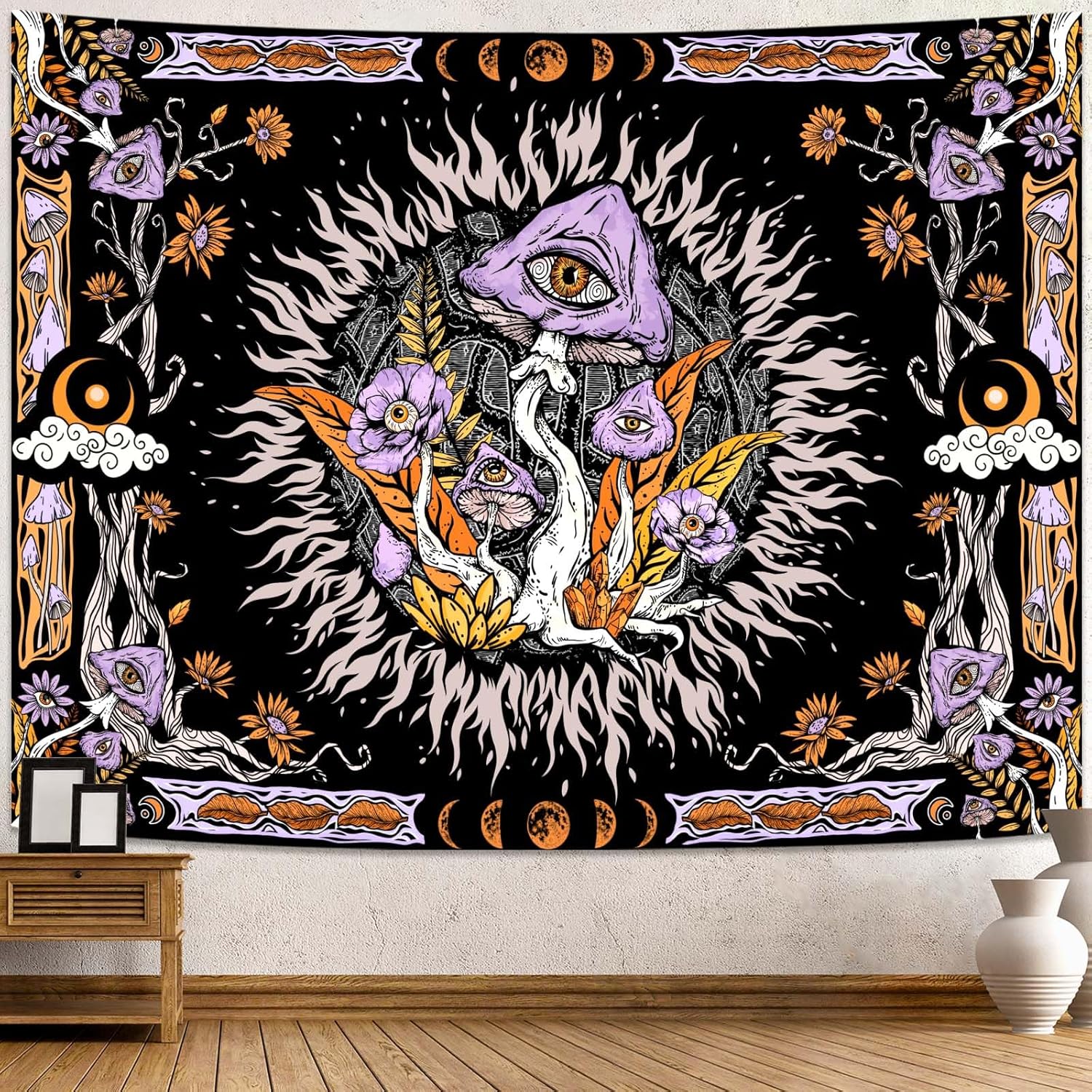 Lifeella Tapiz de hongos morados, ojos hippie con hojas florales, tapices de fase lunar para dormitorio, grunge, para colgar en la pared, 60 x 80