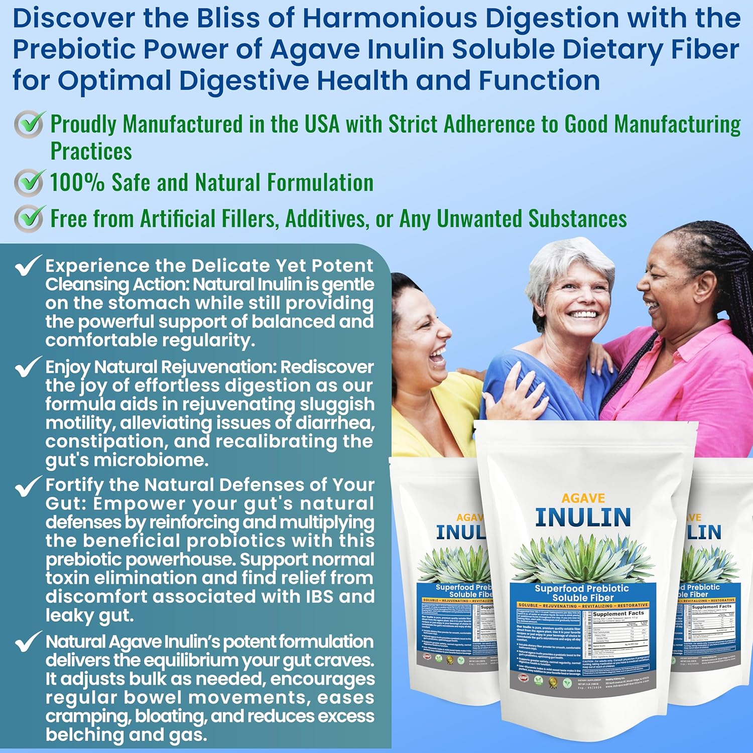 Kidney Restore Polvo de inulina (48 oz3 libras) Suplemento de fibra de inulina soluble prebiótica en polvo de agave suave. Apoyo digestivo para la