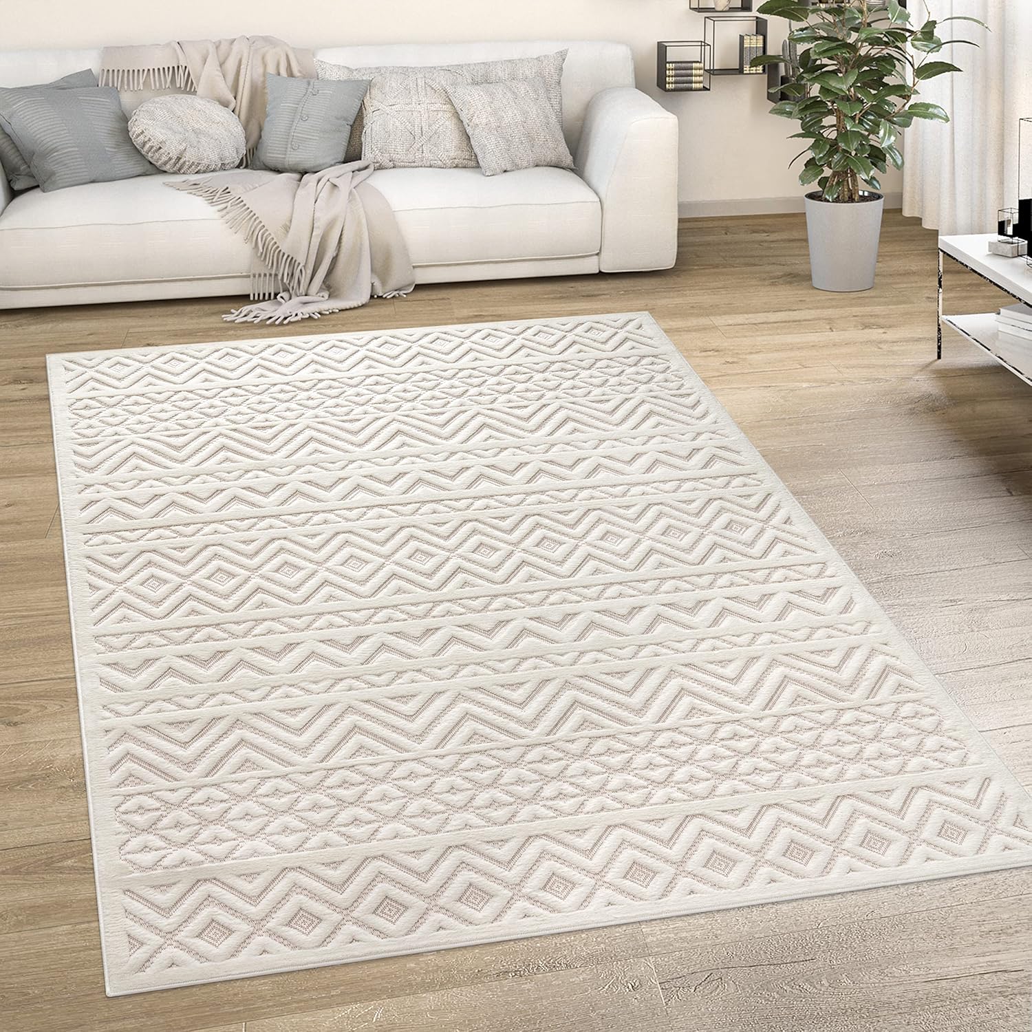 Paco Home Alfombra para interiores y exteriores con patrón bohemio texturizado en crema, tamaño 3’11” x 5’3″
