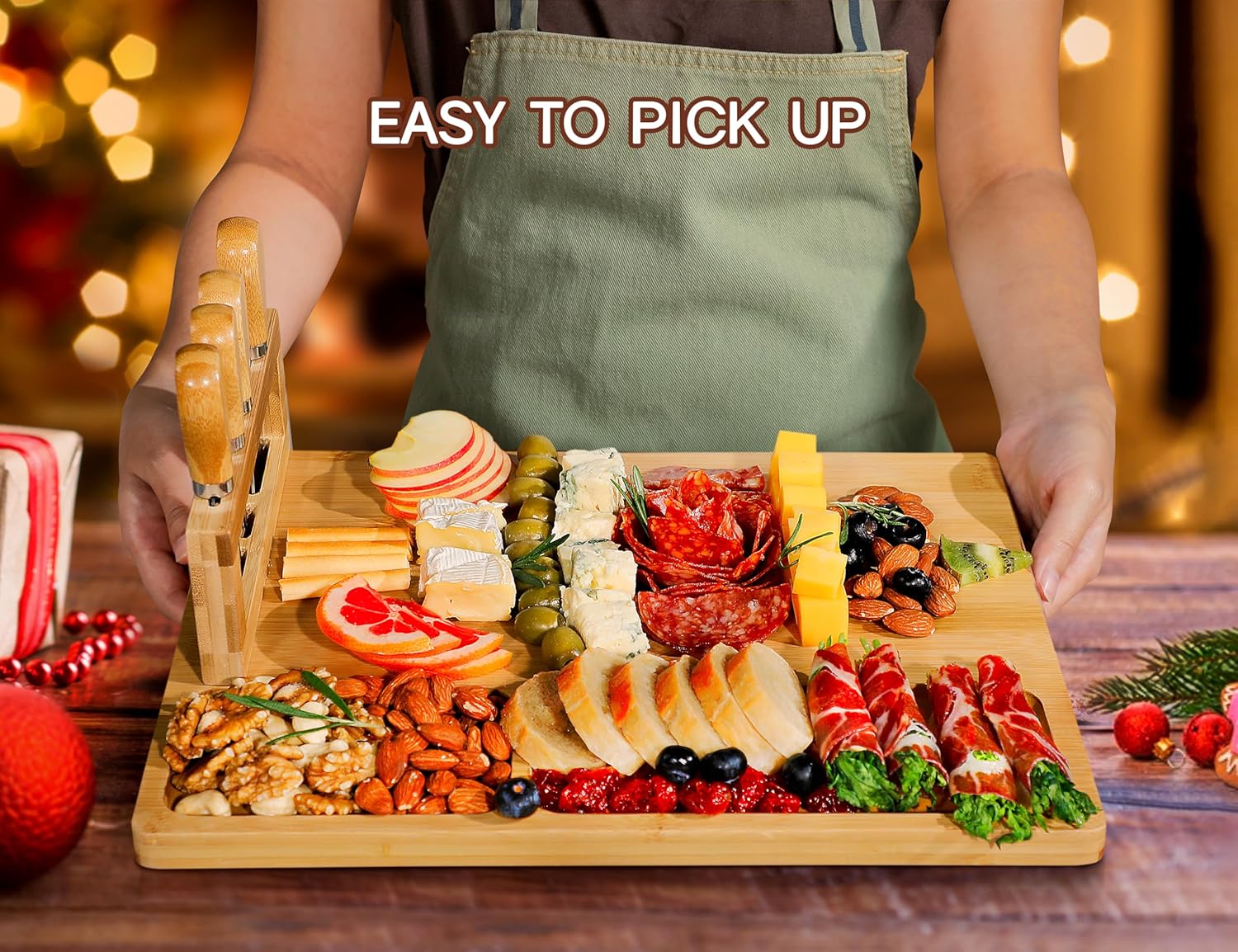Easoger Juego de tabla de queso y cuchillos, tablas de charcutería extra grandes con soporte magnético para cuchillos, plato de queso regalo para