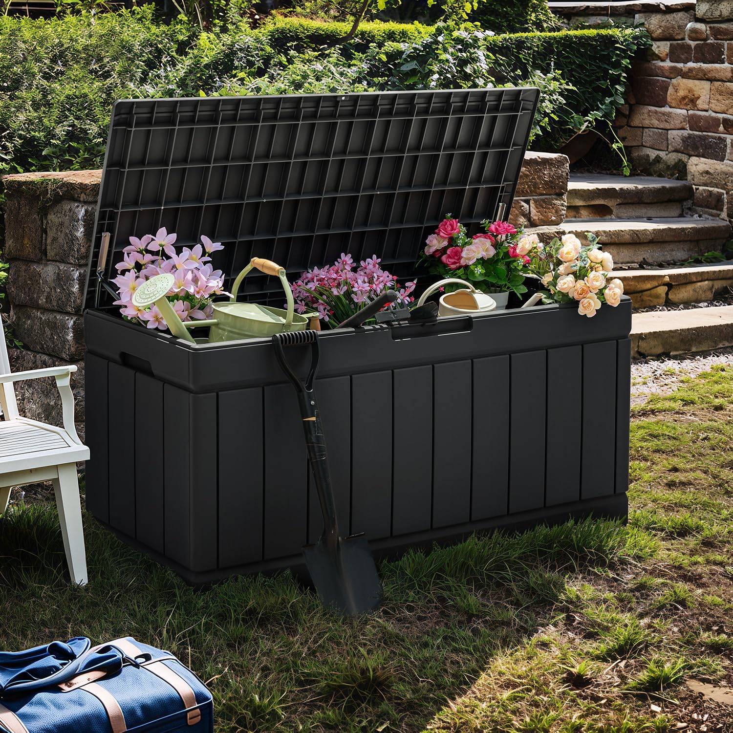 Flamaker Caja de almacenamiento para exteriores, 85 galones, de resina, impermeable, con textura de madera, contenedor de almacenamiento grande para