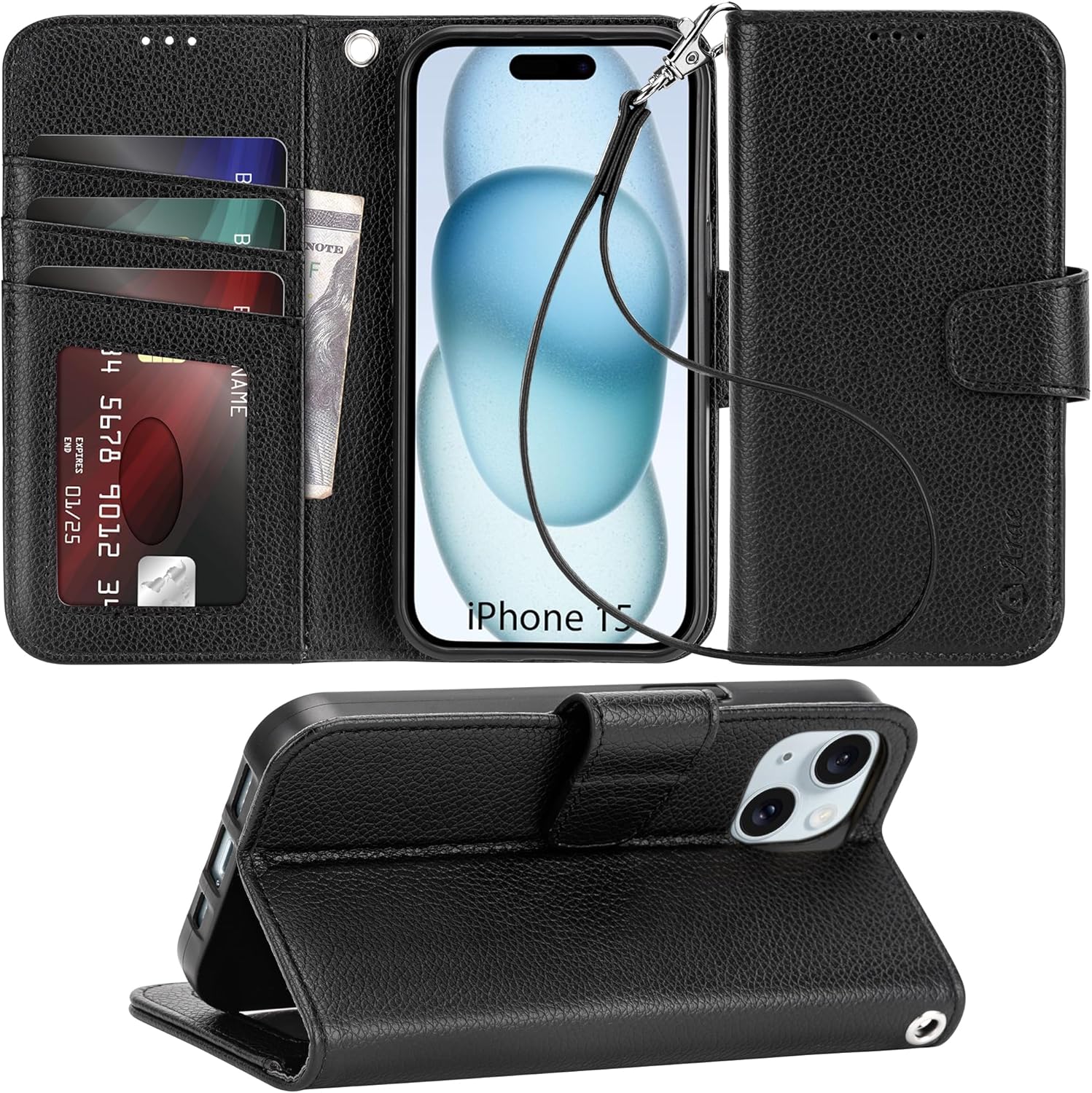 Arae Funda compatible con iPhone 15 con tarjetero y correa para la muñeca, funda con tapa para iPhone 15 de 6.1 pulgadas, para hombres y mujeres,