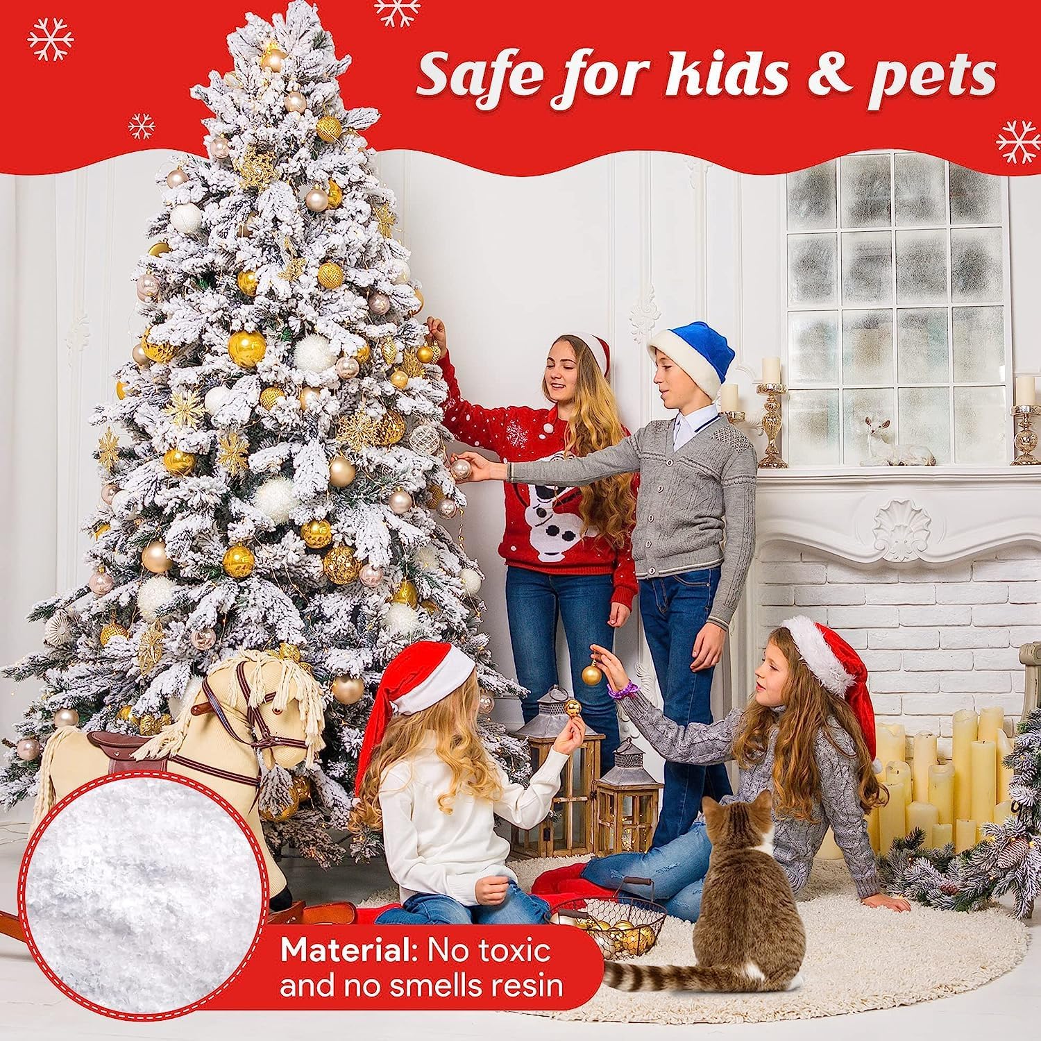 Decoraciones de Navidad, polvo flocado de nieve de 5 libras, rebaño de nieve autoadhesivo para árbol de Navidad, bandada de nieve blanca falsa para