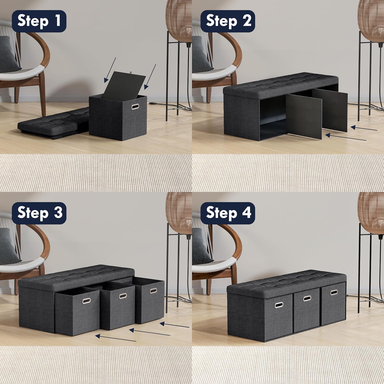 Ornavo Home Taburete otomano plegable de lino con 3 cubos de cajones, 15 x 40 x 15 pulgadas, color negro