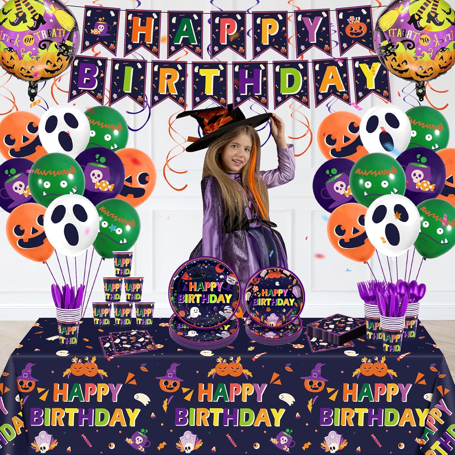Juego de 202 piezas de vajilla desechable para fiesta de cumpleaños de Halloween, color morado, para 24 platos de calabaza, tazas, manteles de
