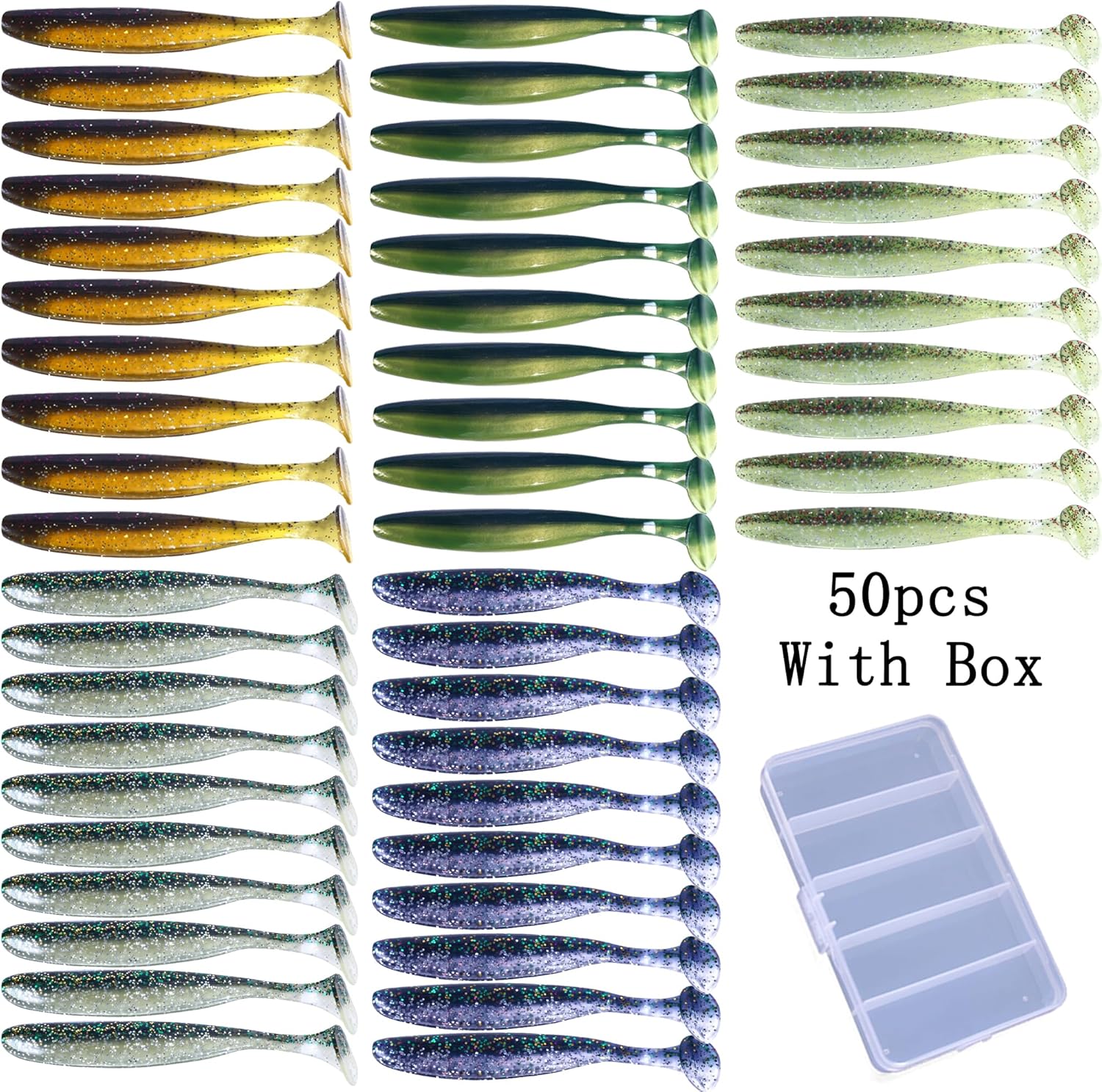 LURESMEOW Cebos de natación de cola de paleta, señuelos de pesca de plástico suave, cebos de natación para pesca de lubina, 3050100 piezas con caja,