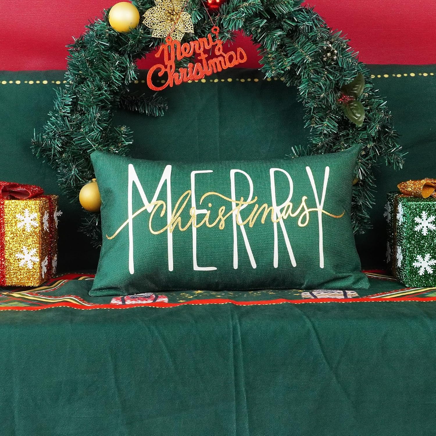 ONWAY Funda de almohada de Navidad de 12 x 20 pulgadas, diseño de Feliz Navidad, color dorado y verde, decoración de casa de campo, para sofá,