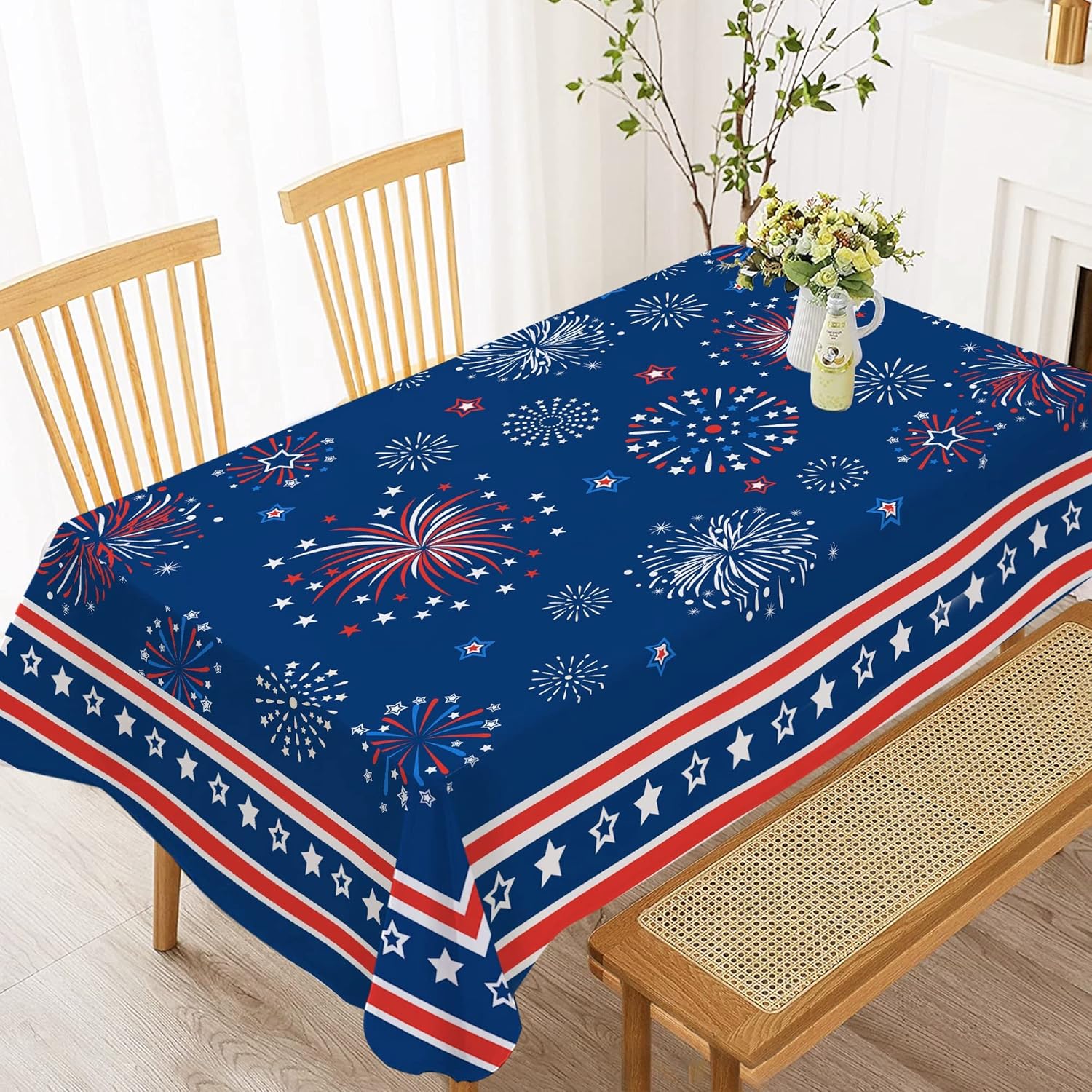 Hexagram Mantel del 4 de julio, mantel rectangular de bandera estadounidense de 52 x 70 pulgadas, estrellas rojas y azules para interiores o