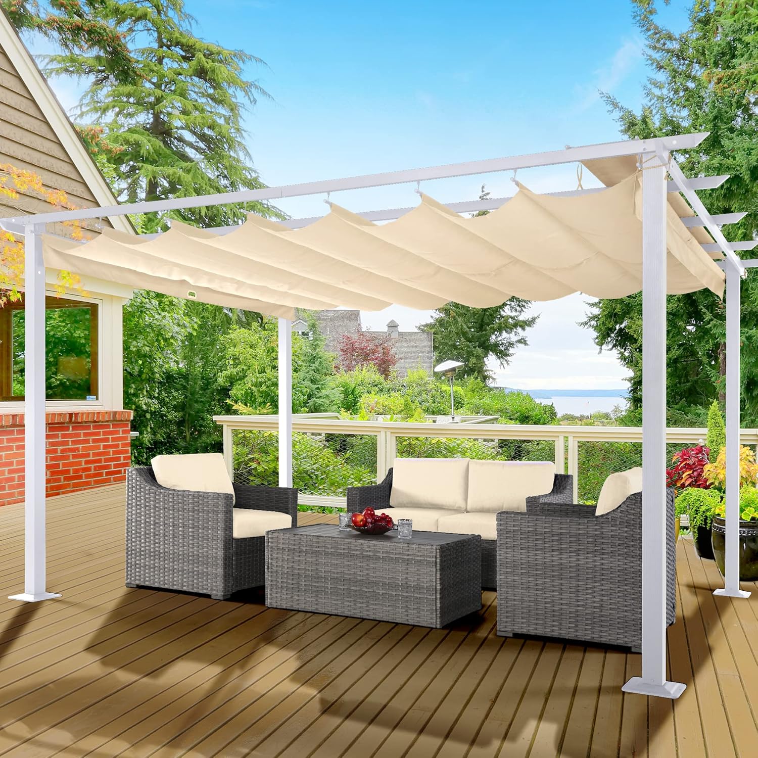 HAPPATIO Toldo retráctil para pérgola para exteriores de 10 x 13 pies con marco blanco para patios traseros, jardines, pérgola de patio con toldo