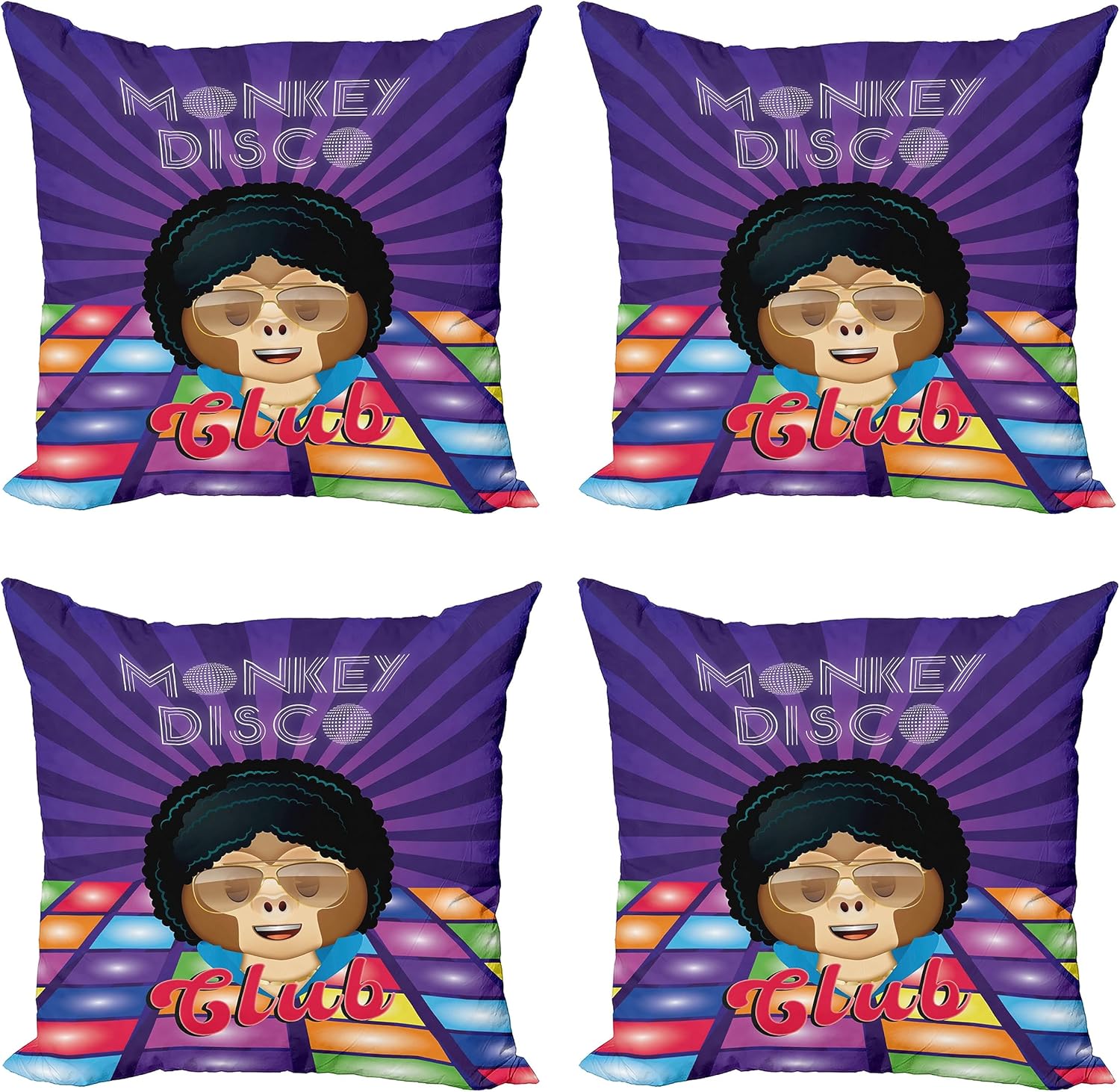 Ambesonne Emoji – Juego de 4 fundas de almohada decorativas, diseño de mono disco retro, divertido personaje de simio con pelo afro loco, funda de