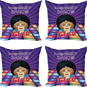Ambesonne Emoji – Juego de 4 fundas de almohada decorativas, diseño de mono disco retro, divertido personaje de simio con pelo afro loco, funda de Ambesonne Emoji – Juego de 4 fundas de almohada decorativas, diseño de mono disco retro, divertido personaje de simio con pelo afro loco, funda de