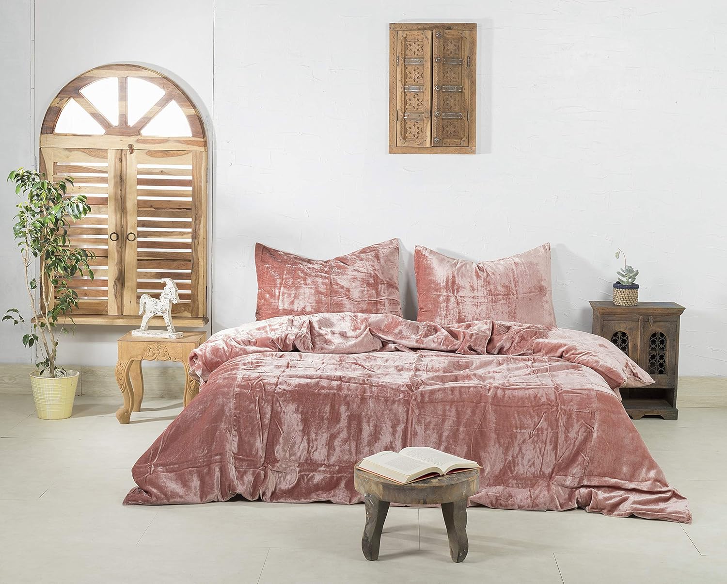 Labhanshi Juego de 3 piezas de lujo de terciopelo rosa aplastado, ropa de cama bohemia, funda de edredón UO, funda de edredón Donna, funda de